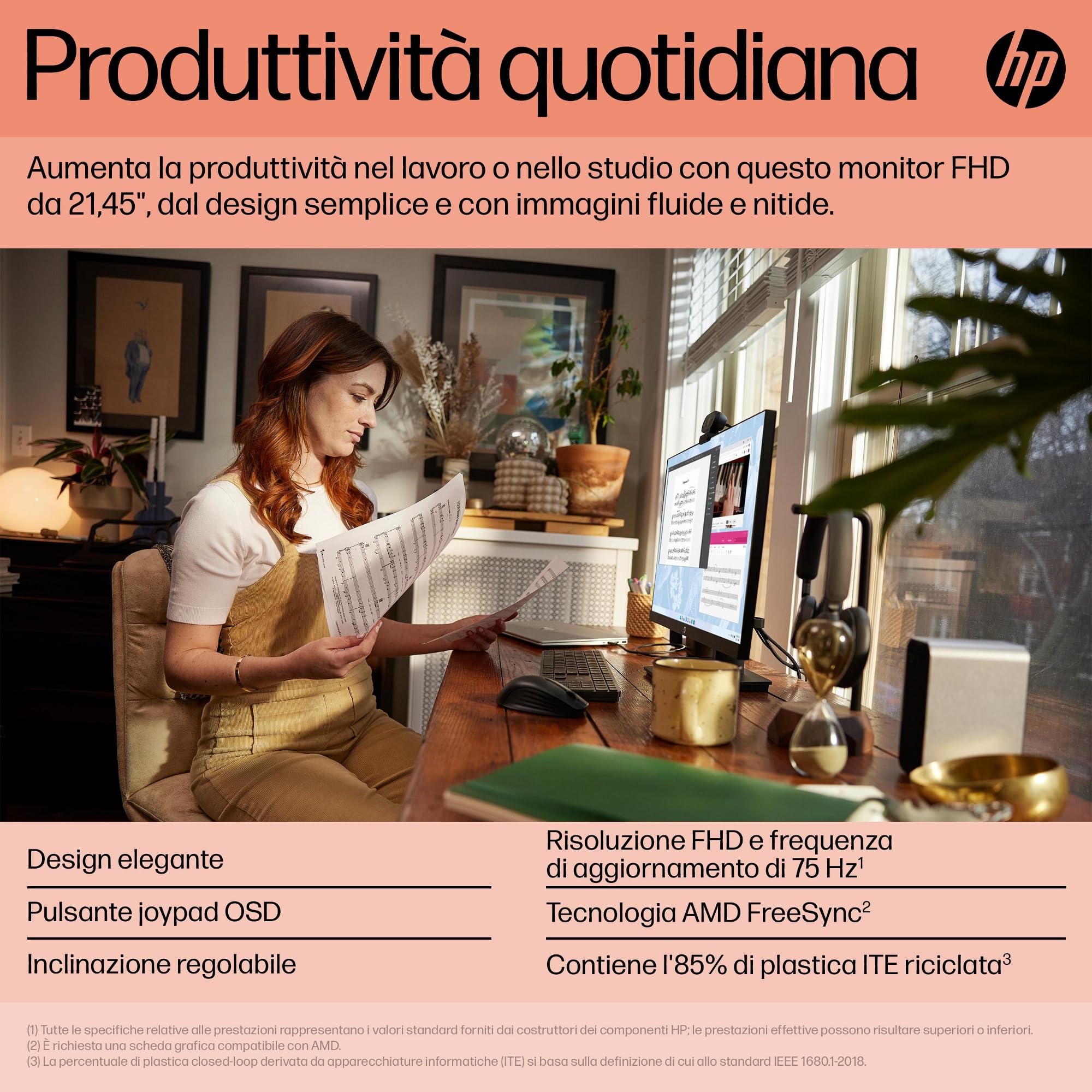 HP V22ve G5 Monitor da 22", FHD, 16:9, Antiriflesso, Pannello VA da 75Hz, Tempo di Risposta 5 ms, Reclinabile, VESA 10x10 cm, AMD FreeSync, 200 Nits, Modalità Low Blue Light, VGA, HDMI 1.4, Nero