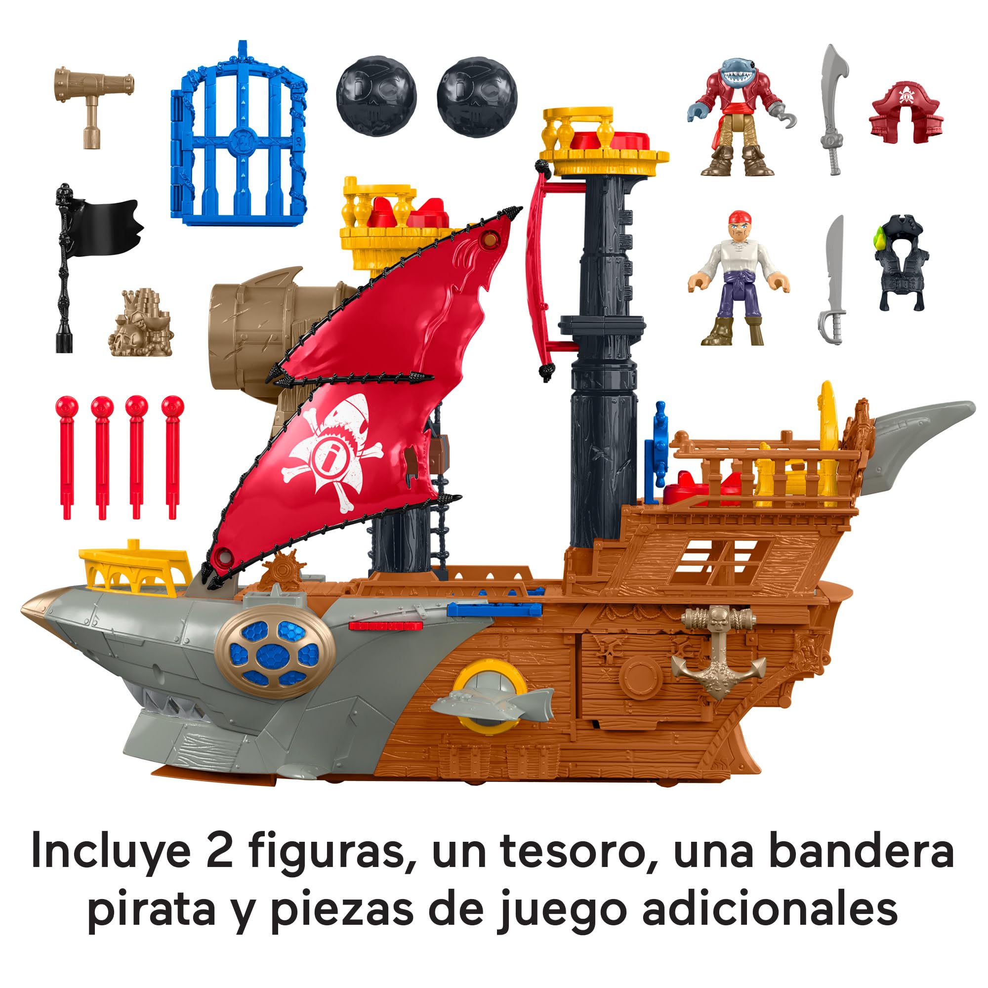 Fisher-Price Imaginext Conjunto de juego Barco pirata-tiburón, juguete de preescolar con figura y accesorios para juego de imitación, para niños y niñas a partir de 3 años, HGN68