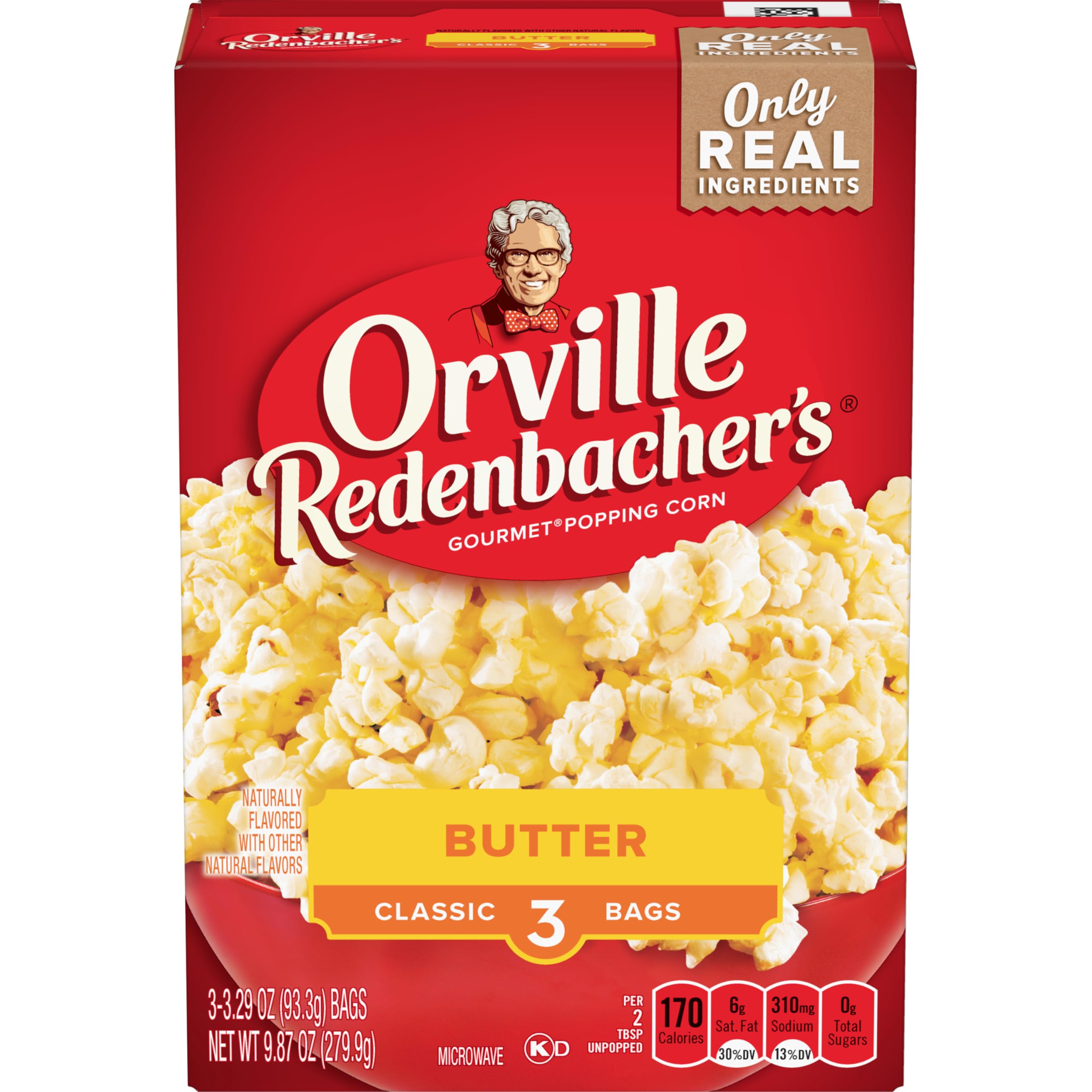 Orville Redenbacher’s Butter Popcorn, Microwave Popcorn, 2g Fiber Per Serving, Movie Night Supplies, 3.3 oz., 3-Count