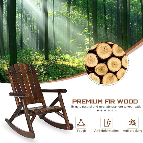 Miniatura 4 de HOMEDIARY Silla mecedora Adirondack de madera, silla mecedora de troncos para patio al aire libre con diseño de madera de rejillas, respaldo alto en