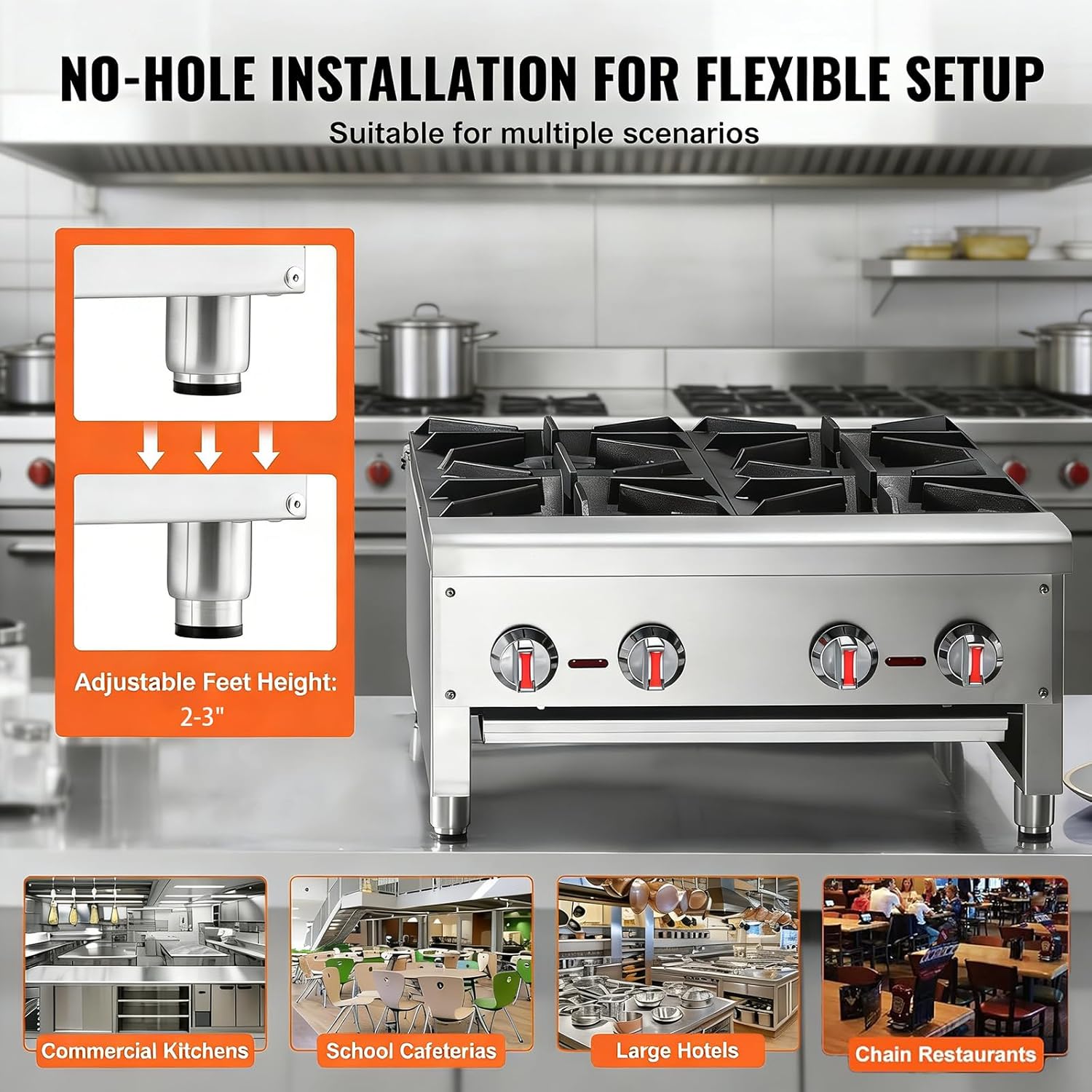 Professional Commercial Gas Stove 100,000 BTU with Cabinet - Heavy Duty Stainless Steel Restaurant Range, Propane/Natural Gas Convertible, Countertop Cooking Equipment for Catering Kitchen (4 Burners)