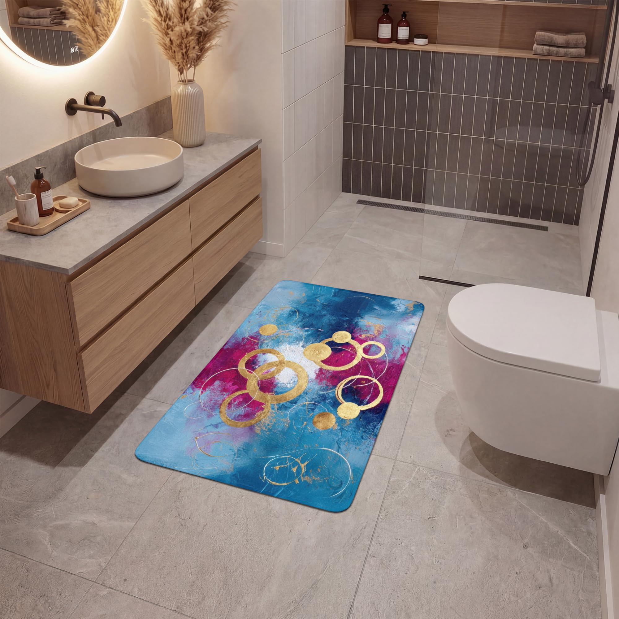 Alfombra De Baño Rectangular 60x90 cm Bathroom Bath Mat Lavable Tapete Antideslizante Alfombras Ducha Decoracion Alfombrilla Círculos - Oro - Abstracto