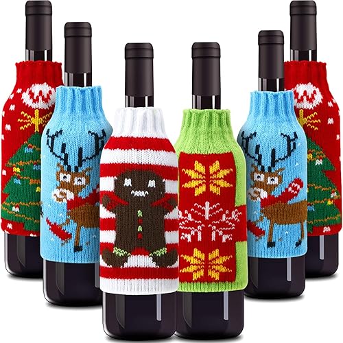 Boao 6 Sets Christmas Wine Bottle Cover and Hats Decoration Handmade Ugly Sweater Knit Wine Bottle Dress Santa Reindeer Snowman for Christmas