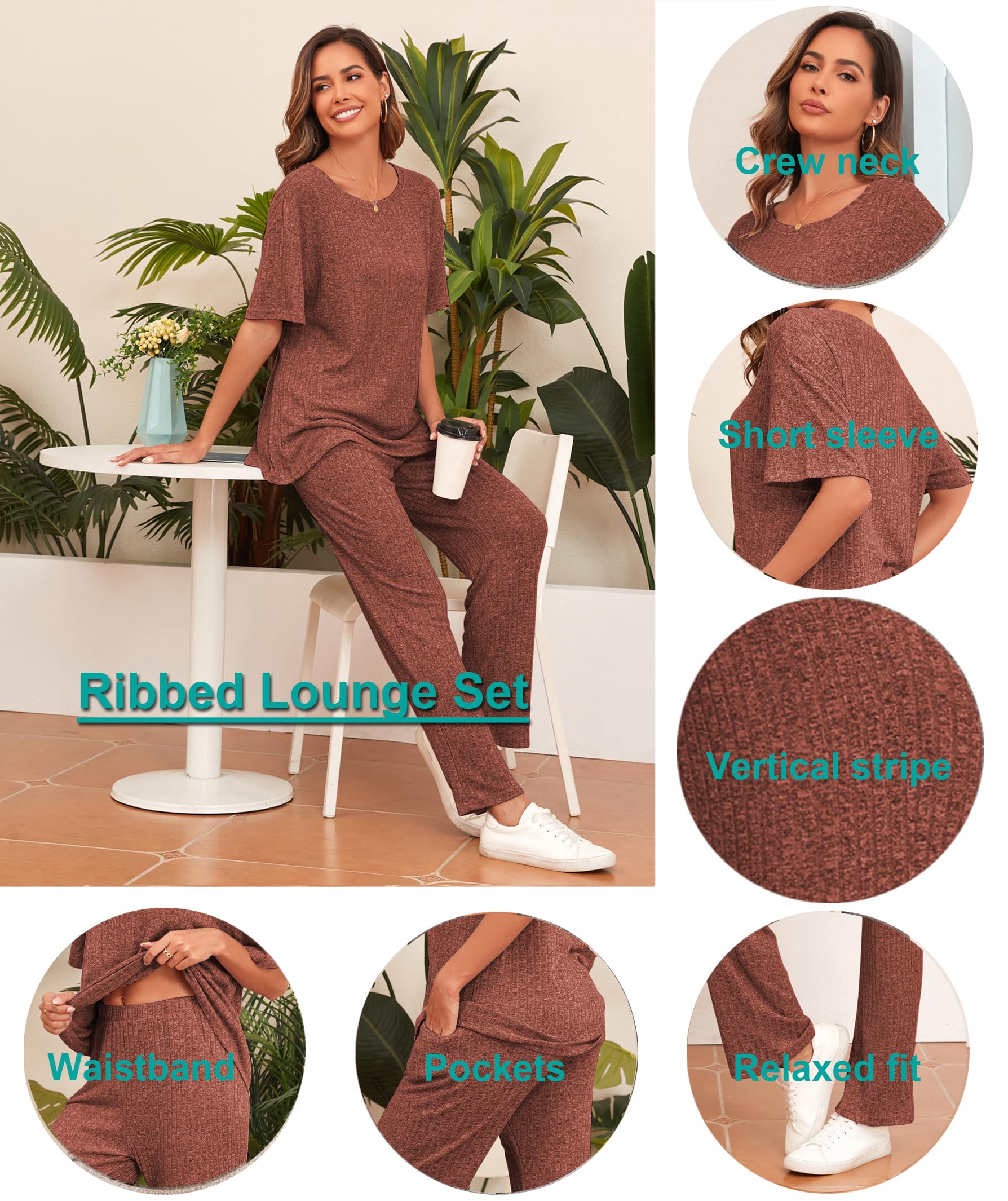 Famulily Schlafanzüge für Damen Sommer Kurzarm Loungewear Hausanzug Weites Bein Freizeitanzug Zweiteiler Set Outfit mit Taschen