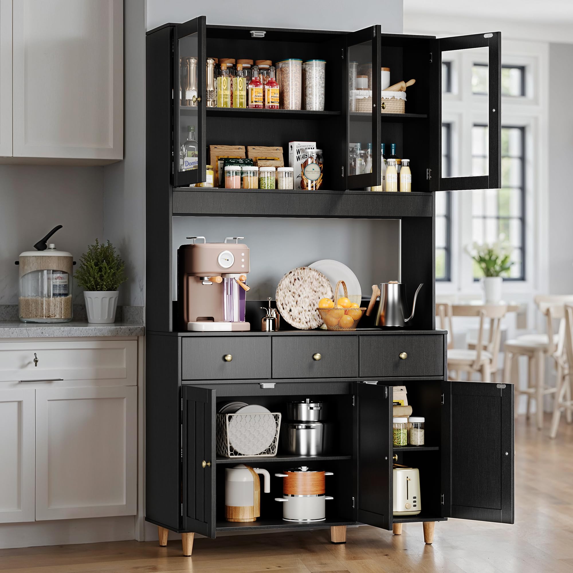 Vaisselier, Armoire de Cuisine Haute avec LED, Buffet avec 6 Portes et 3 Tiroirs,Vaisselier Vitrine avec des Portes d'armoire Transparentes,pour Le Salon et la Cuisine,180×38×180cm, Noir