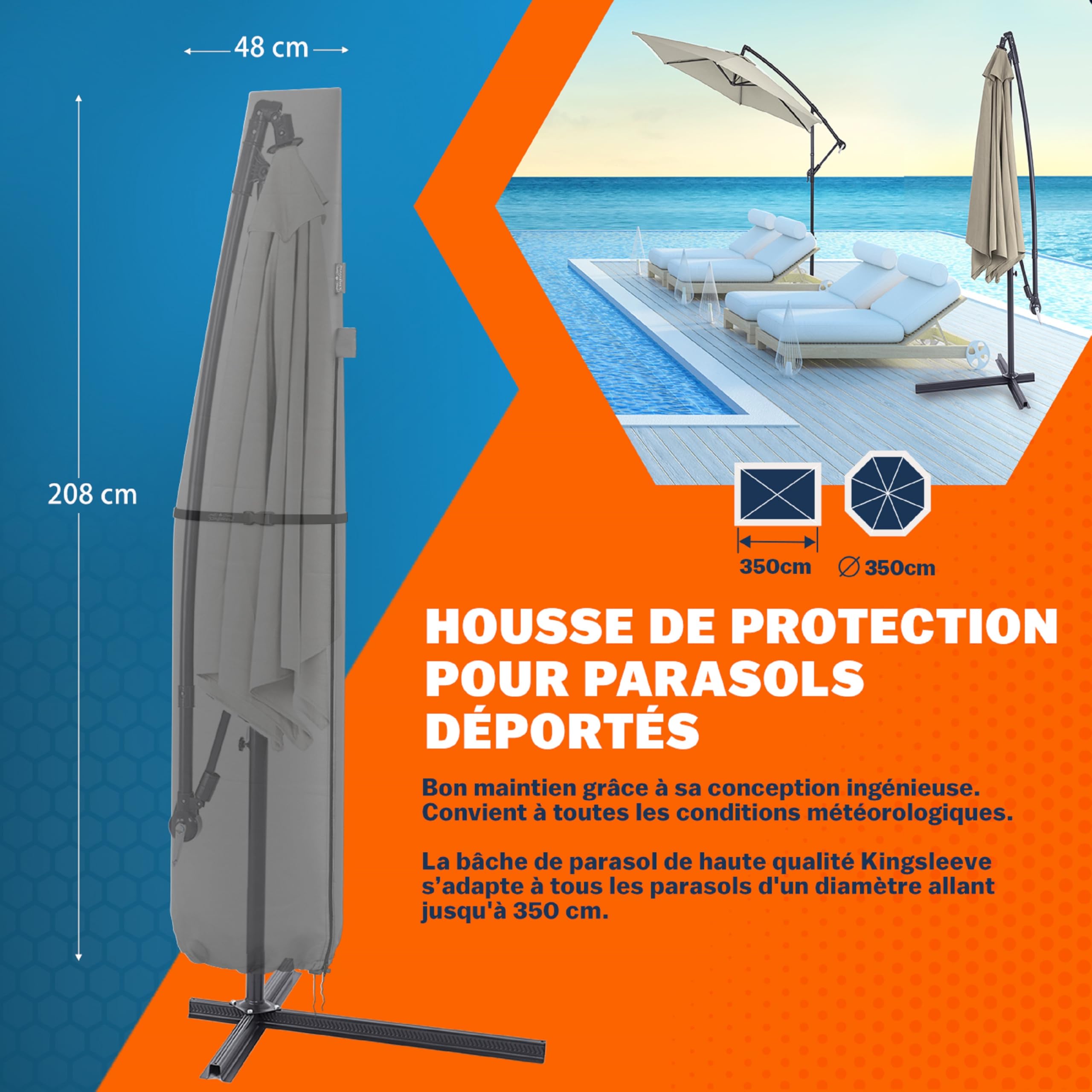 Housse de parasol télescopique Ø350cm résistante aux intempéries bâche de protection universelle gris