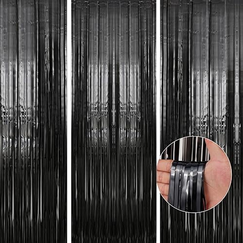 Paquete de 3 Cortinas de Fondo de Flecos de Papel de Aluminio Negro de 3.3 x 9.9 pies, Cortinas de Fondo de Serpentinas, Decoraciones de Fiesta de