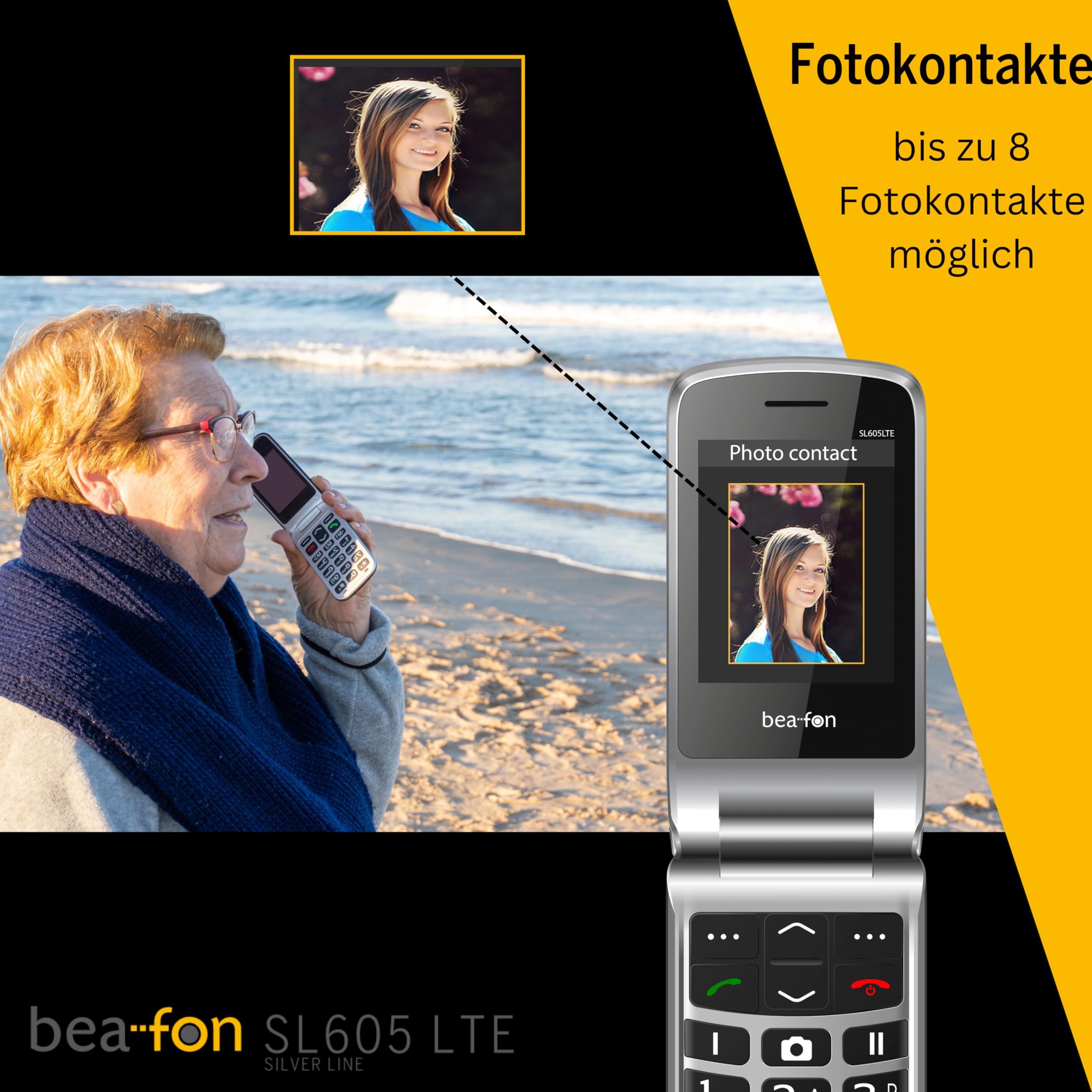 Beafon, SL605 LTE 4G, Silverline, Klapphandy, Seniorenhandy mit Notrutaste, Farbinnendiplay 2,4" (6,09cm) / Farbaußendiplay 1,44" (3,65cm), IP54