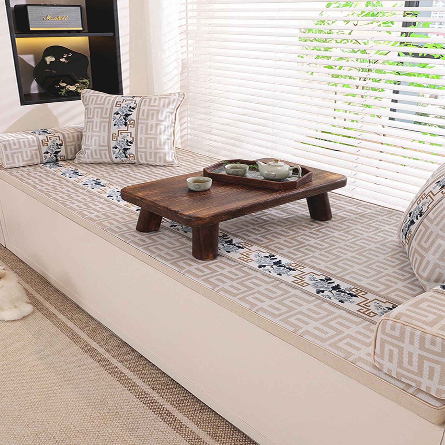 Custom Bay Window Seat Cushion Indoor, Ice Silk and Cotton Linen Two-sided Fabric, Custom Bench Seating Cushions for Indoor Furniture, Mudroom, Reading Nook, Kitchen Dining Room, Fireplace Cushion