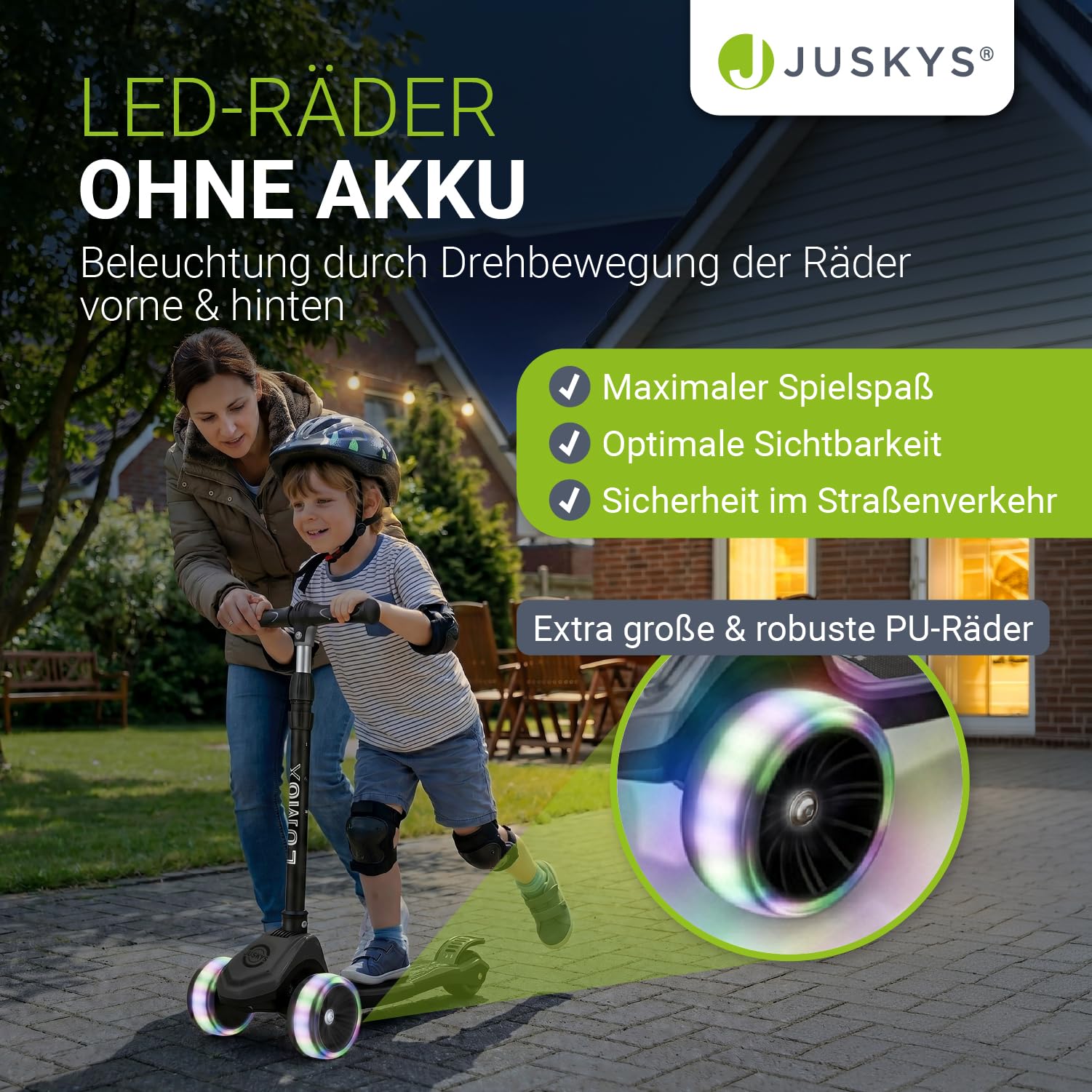 JUSKYS® Kinderroller Lumox Schwarz/Rosa/Blau - LED-Rollen, höhenverstellbarer Kinderscooter, klappbar & Hinterradbremse, Dreiradscooter