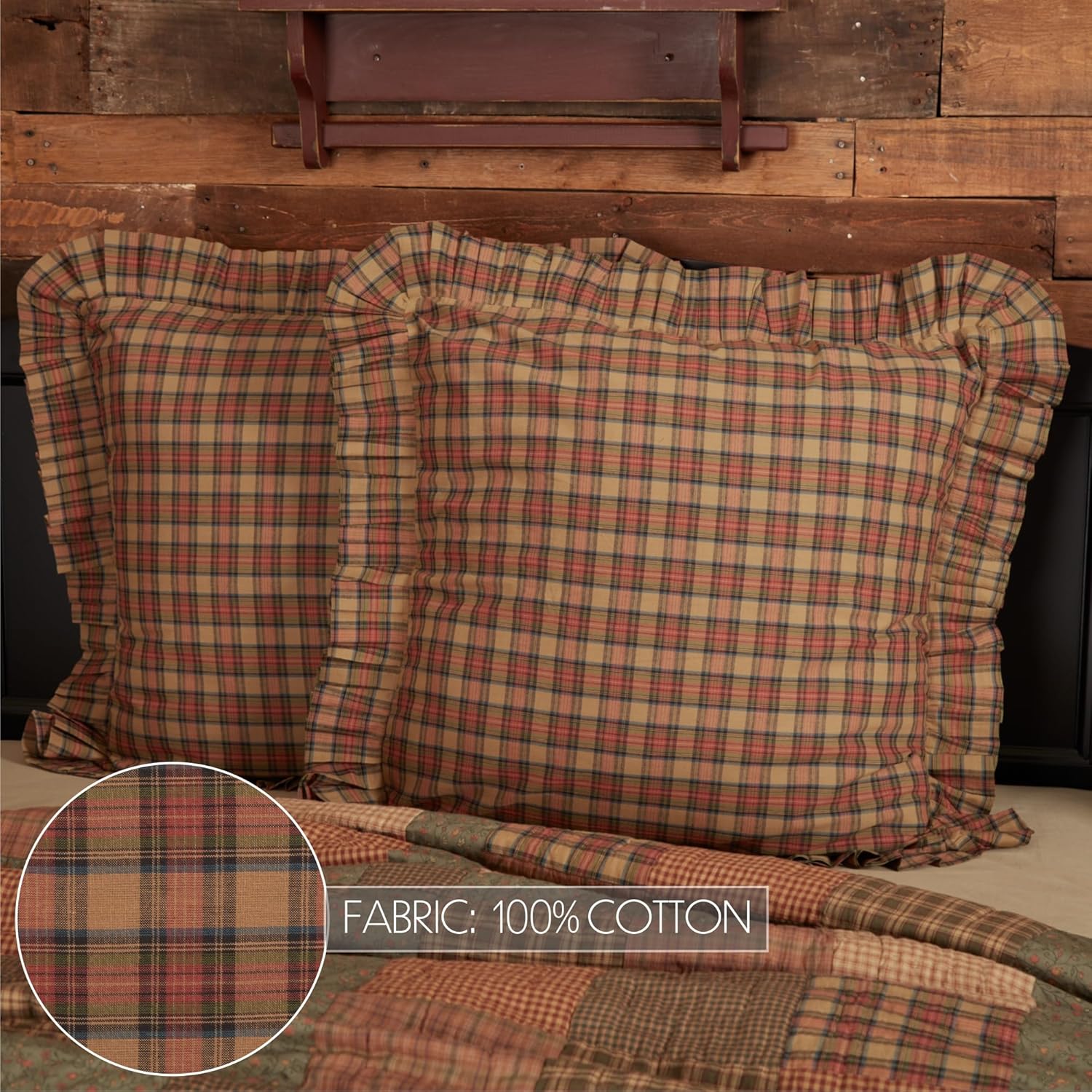 VHC Brands Primitive Bedding Cinnamon Plaid Cotton Hand Quilted Patchwork King Sham, Dark Olive Green