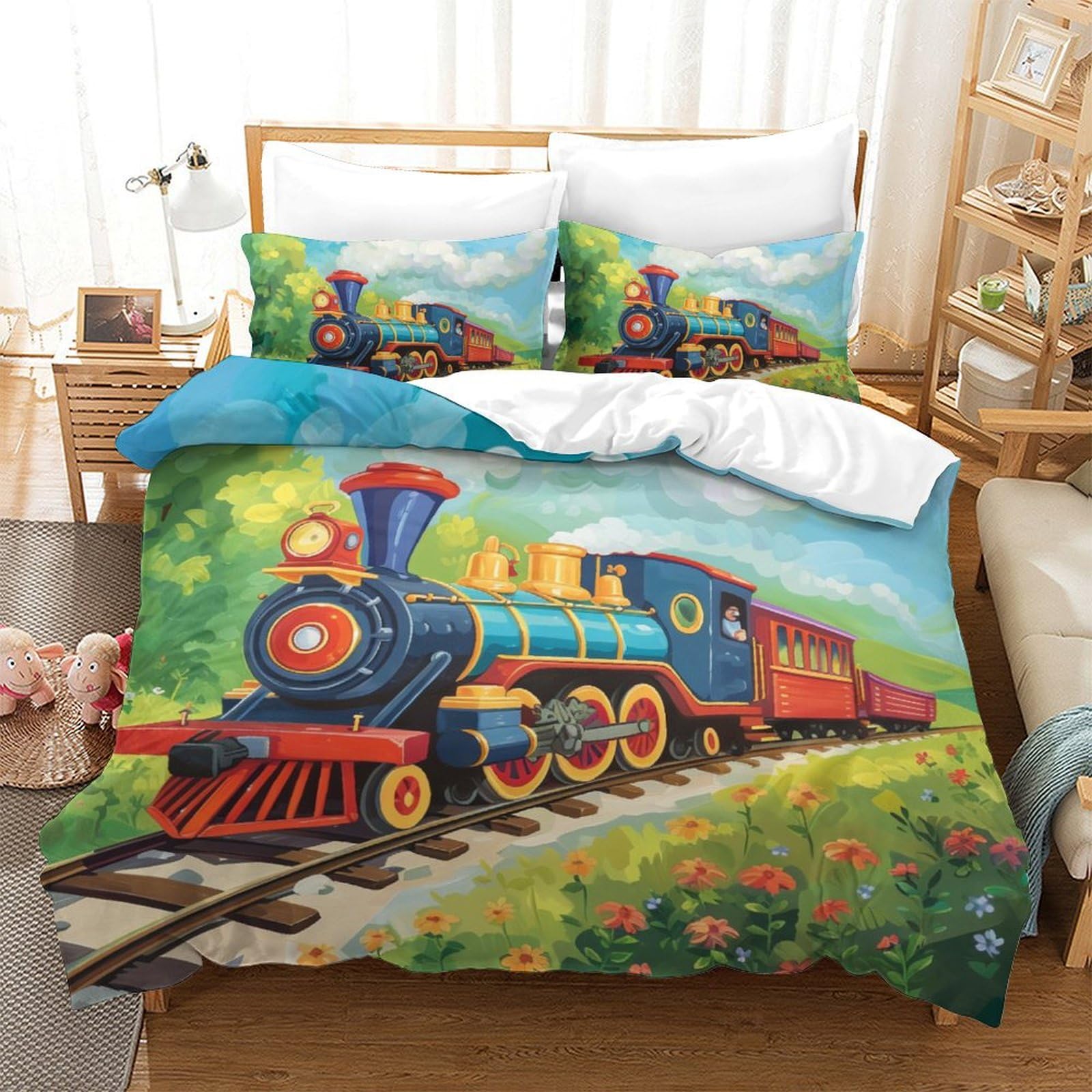Set de housse de couette 3 pièces train à vapeur 3D avec taie d'oreiller microfibre King 220x240