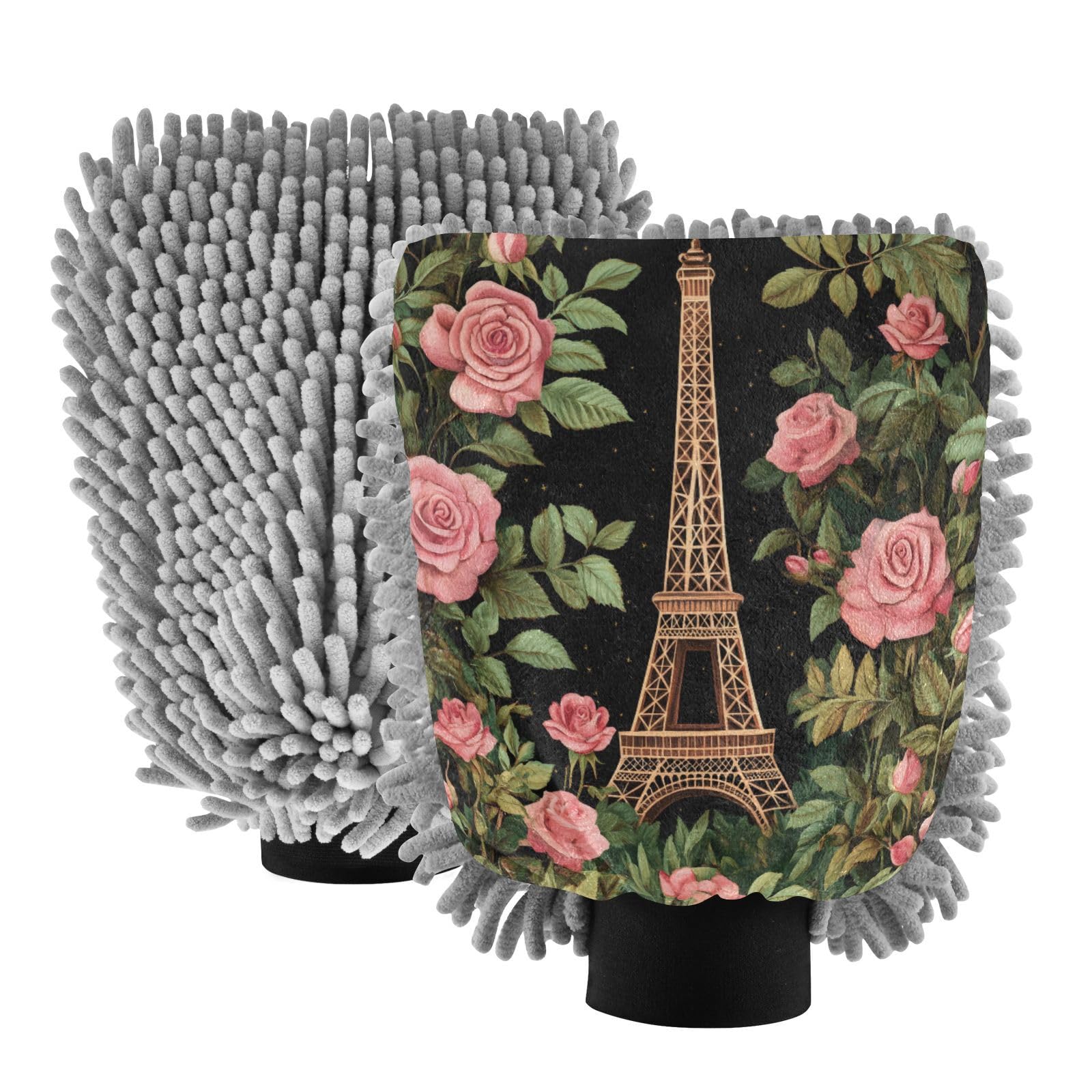 STAYTOP Romantic Rose Eiffel Tower Car Wash Mitt Microfiber, 2Pcs Scratch Free Lint-Free, Premium Chenille Microfiber Mitt Car Wash Brush-L