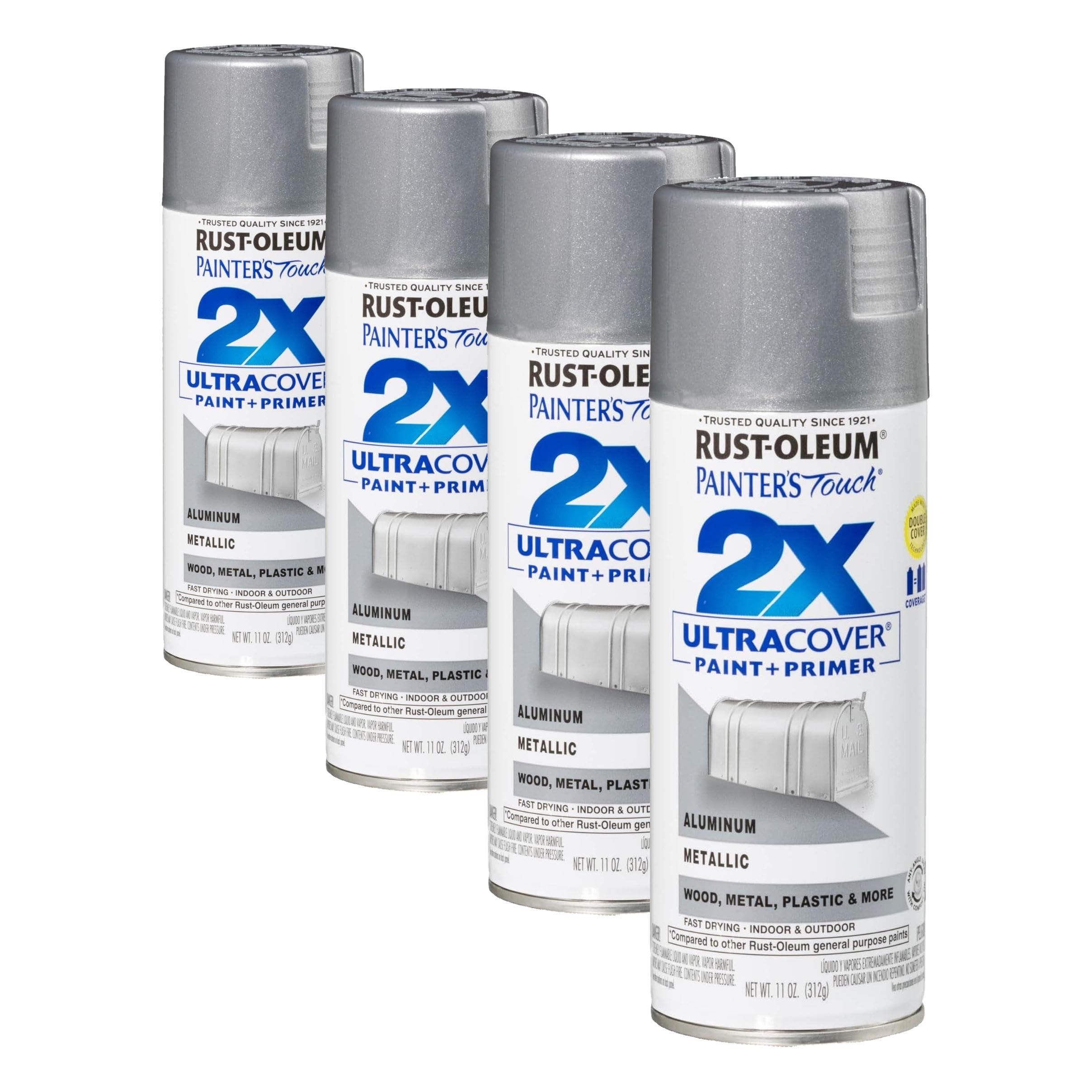 Rust-Oleum 334058 Painter's Touch 2X Ultra Cover Spray Paint, 11 oz, Metallic Aluminum (Pack of 4)