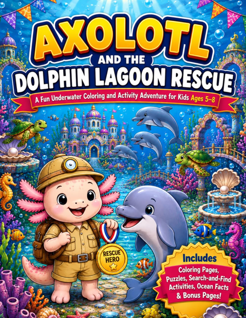 Axolotl and the Dolphin Lagoon Rescue: A Fun Underwater Coloring and Activity Adventure for Kids Ages 5 and up Featuring Dolphins, Ocean Friends, ... Hunts, and Bonus Pages (Axolotl Adventures)