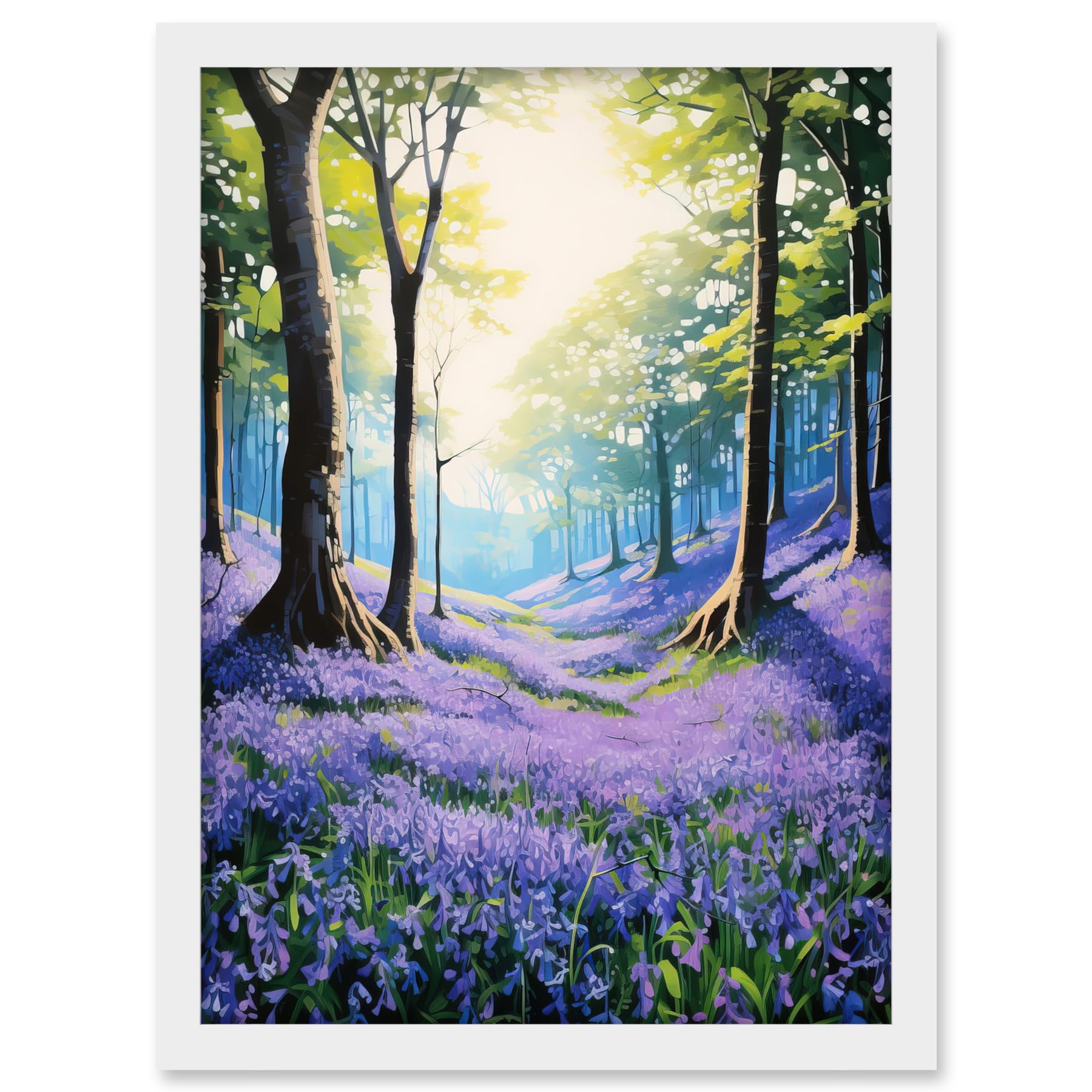 Artery8 Bluebell Forest Sunshine Vibrant Artwork Purple Blue Flowers Early Morning Serene Landscape Artwork Framed A3 Wall Art Print