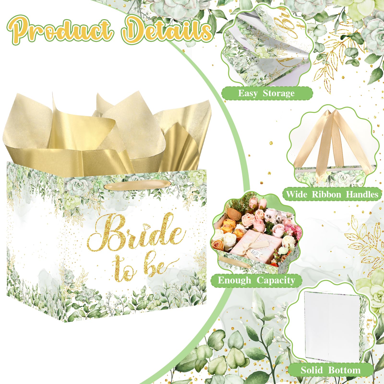 Woosytoo Large Bridal Shower Square Gift Bags Sage Green Bride Gift Bag with Tissue Paper Bridal Wrapping Paper Bachelorette Engagement Wedding Shower Favor Bag for Bride to Be Party Decoration