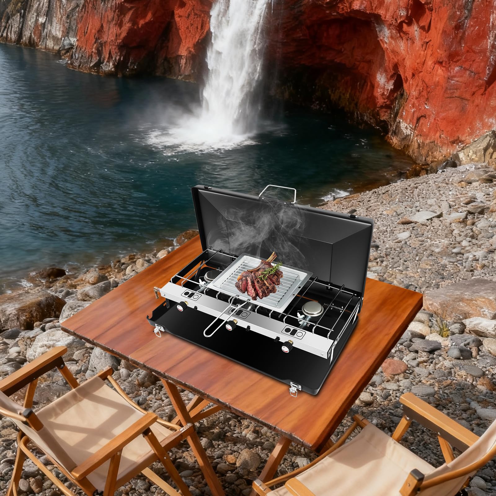 Fornello a gas a 3 fuochi per campeggio e esterni, 4,5 kW, con accensione piezoelettrica, per propano e butano, piano di cottura a gas pieghevole per picnic e giardino (56,5 x 30 x 34 cm)