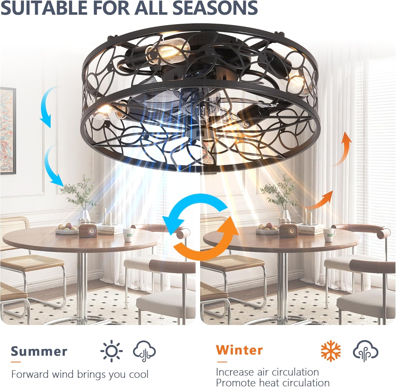 Vintage Caged Ceiling Fan Light with Quiet DC Motor and Remote Control