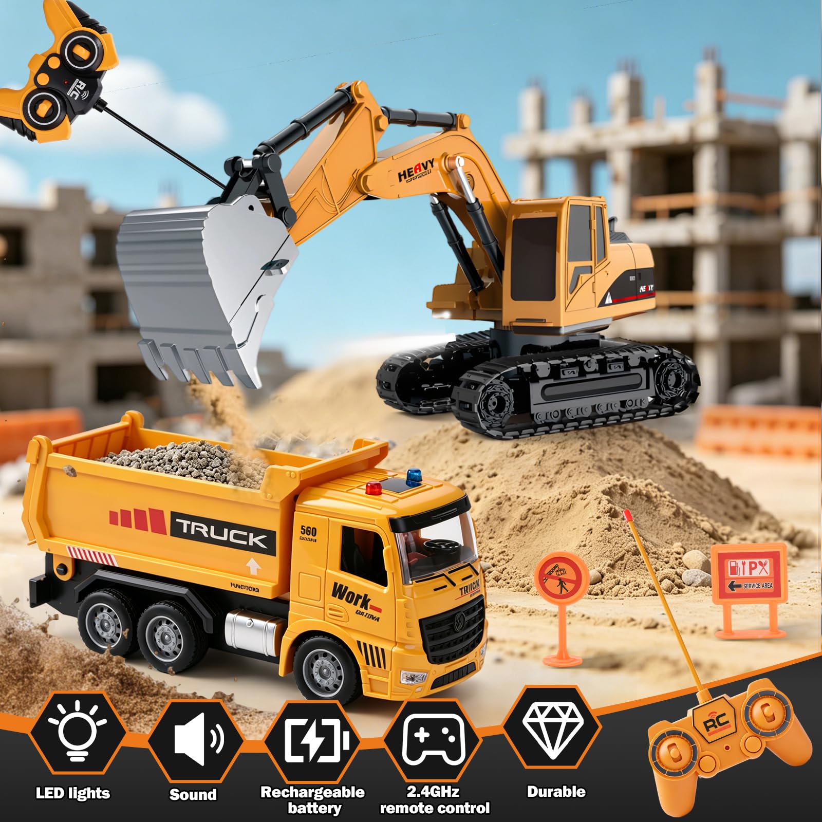 Excavadora Teledirigida y Camión Volquete Juguete, 2,4 GHz Coche Teledirigido Juguete, Vehículos de Construcción RC con Luces y Sonidos, Regalo de Cumpleaños Navidad para 3-12 Niño (A)