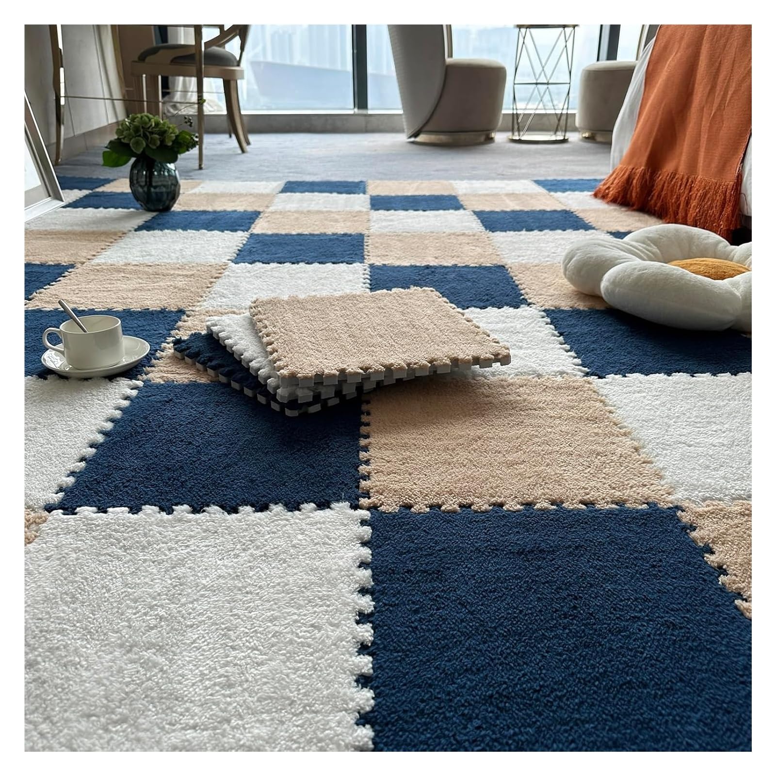 10-częściowa mata podłogowa z puzzli, taka jak dywaniki, piankowa, pluszowe płytki dywanowe obramowaniem, 12x12 cali(Gray+white+navy Blue,0.23 inch)