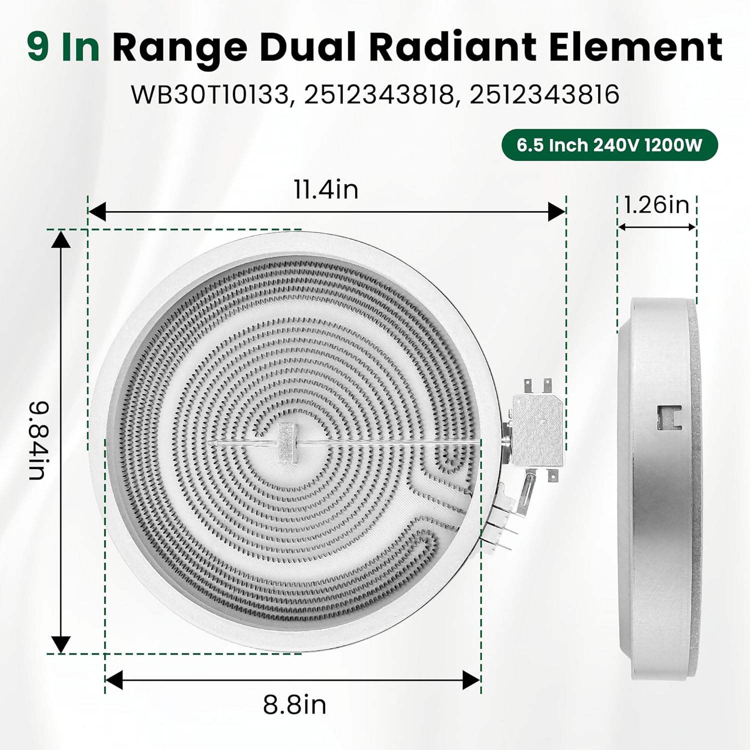 WB30T10133 9in Dual Range Radiant Surface Element Compatible with G-E Hot-point Electric Stove Glass Cooktop, Range radiant element 9in Replace 1474218 PS2321567 WB30X24111 Dual Element by Fetechmate