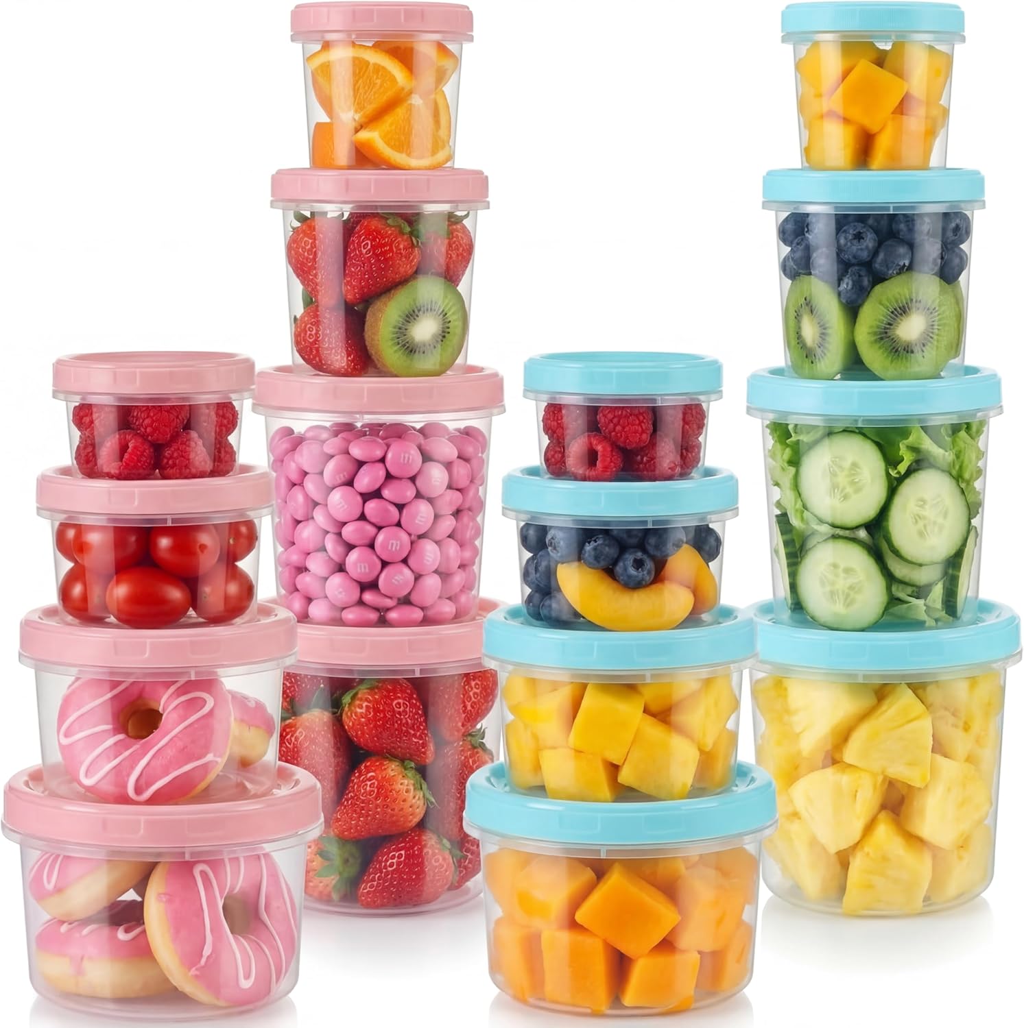 32 Pcs Freezer Food Storage Containers Screw Lids 8 Size (7oz-50oz) Large Stackable Reusable Food Storage Containers for Soup Salad Snack Leftovers Microwave Dishwasher Safe (White,Blue)