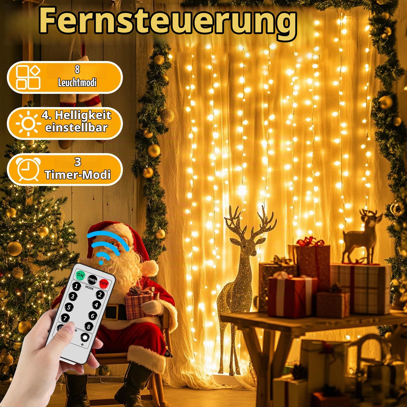 Vorhang Lichter batteriebetrieben, 6x3m 600LED Fee Vorhang Lichter im Freien wasserdicht mit Fernbedienung, 8 Modi Wasserfall Garten String Lichter für Patio Gazebo Party Valentinstag