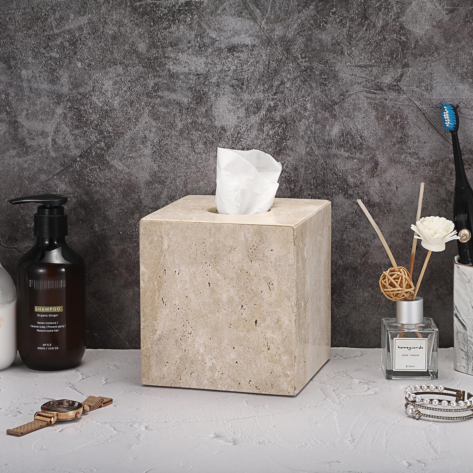 SUMTree Boîte à Mouchoir en Travertin Distributeur Carré, 14x14x15cm | Pas de Fond, antidérapante, élégante, Porte-Papier Décoratif, Pour Salle de Bain, Salon, Chambre, Jardin