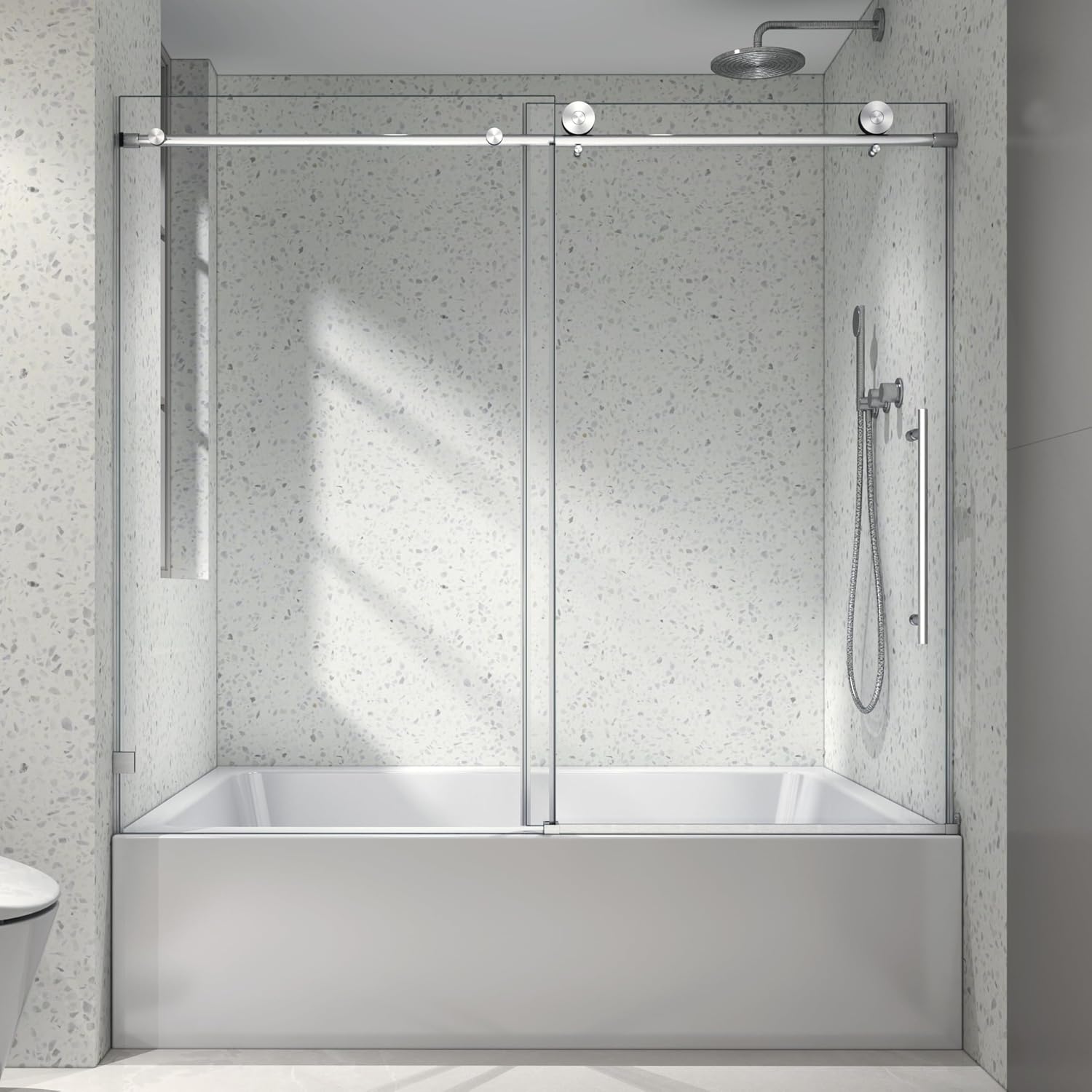 WinZo Frameless Tub Shower Door 56-60" W x 63" H, Bathtub Sliding Shower Door with 5/16"(8mm) ANSI Thick Tempered Glass, Explosion-Proof Film, Stainless Steel Hardware, Brushed Nickel