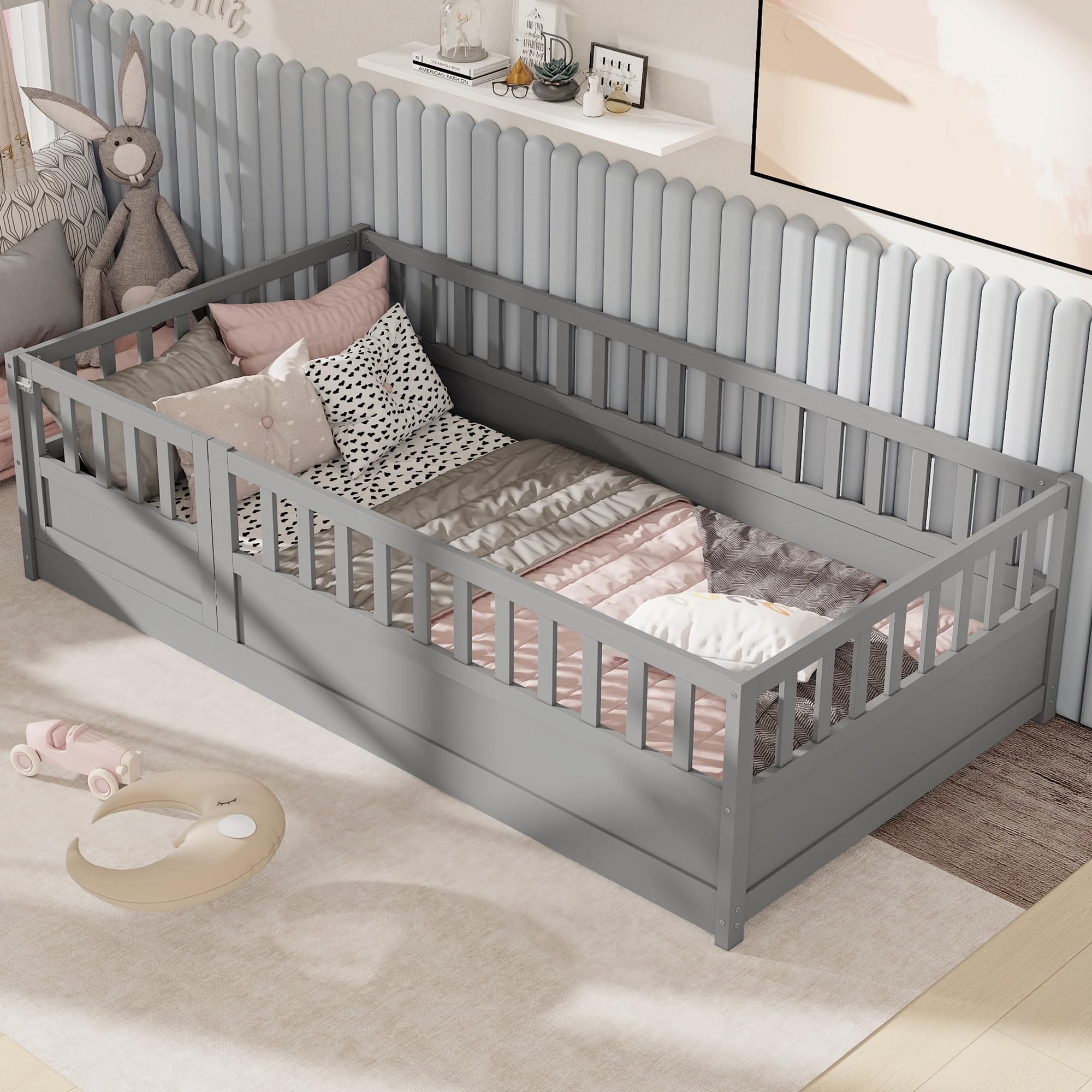 Twin Size Floor Bed with High Fence and Door, Wood Montessori Beds for Kids, Girls, Boys, Gray