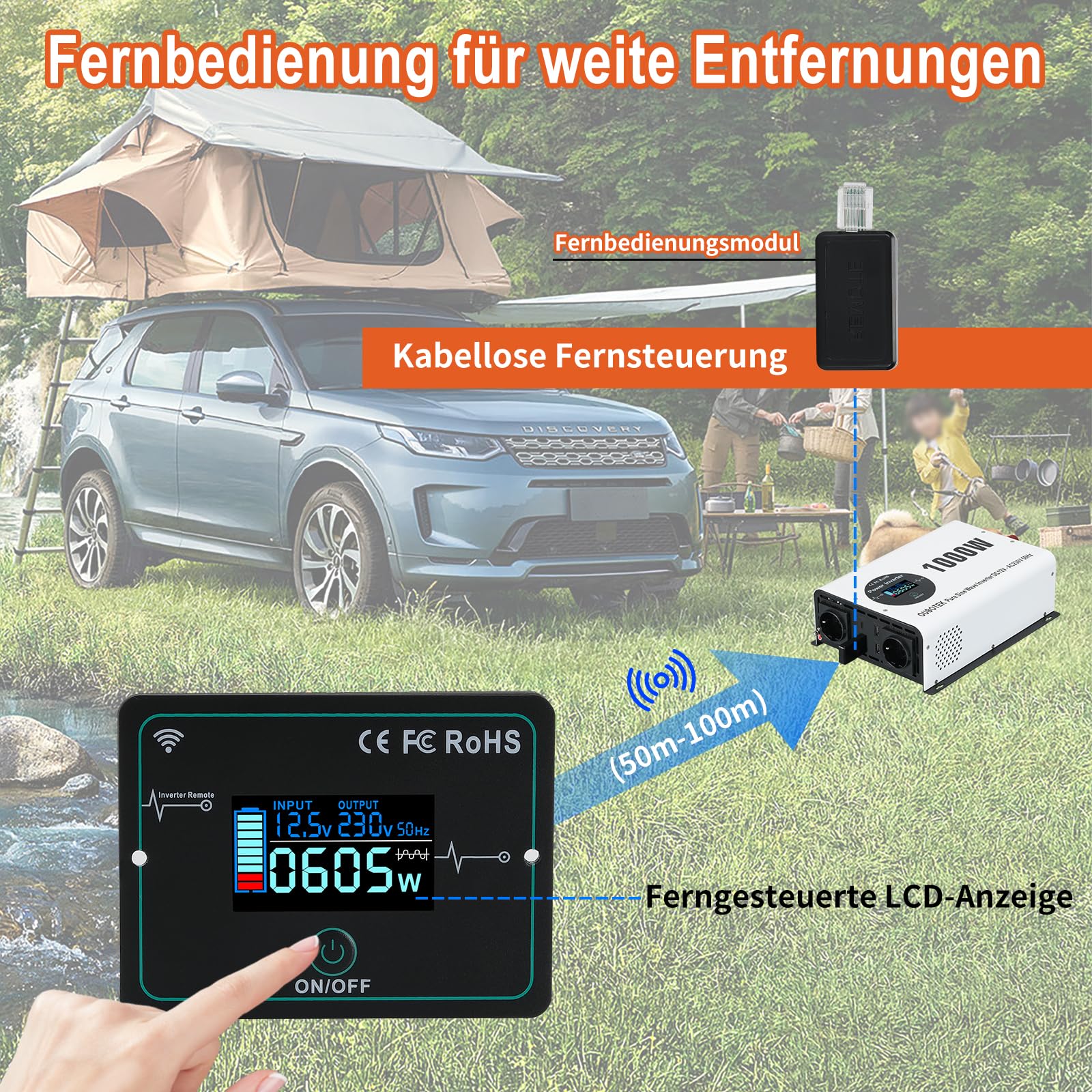 Wechselrichter 1000W / 2000W Reiner Sinus DC 12V auf AC 230V mit Drahtloser Fernbedienung LCD-Anzeige 2 AC-Steckdosen 2 USB A und 1 Type C, spannungswandler für Wohnmobil Zuhause Off Grid