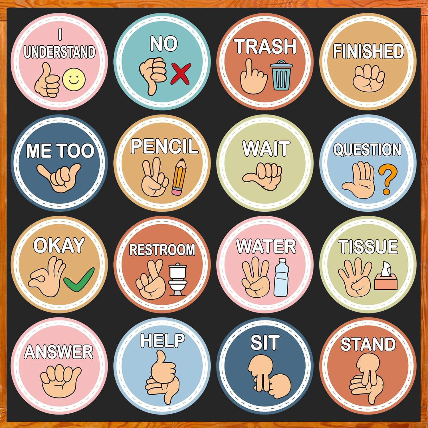 16 Pcs Sign Language Posters for Classroom, Teacher Students Visual Cues Cutout, Hand Signals for Classroom Bulletin Board Decor (Boho)