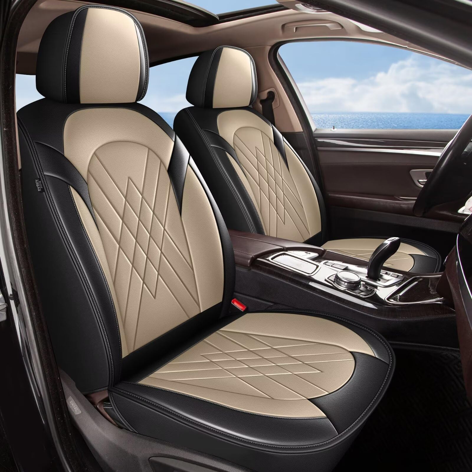 - YORKNEIC Car Seat Covers for Ford Mustang Mach-E 2021 2022 2023 2024 - Waterproof Leather Seat Covers Front Set: Automotive Seat Protectors Compatible Airbag (2 Front Set, Black & Beige)