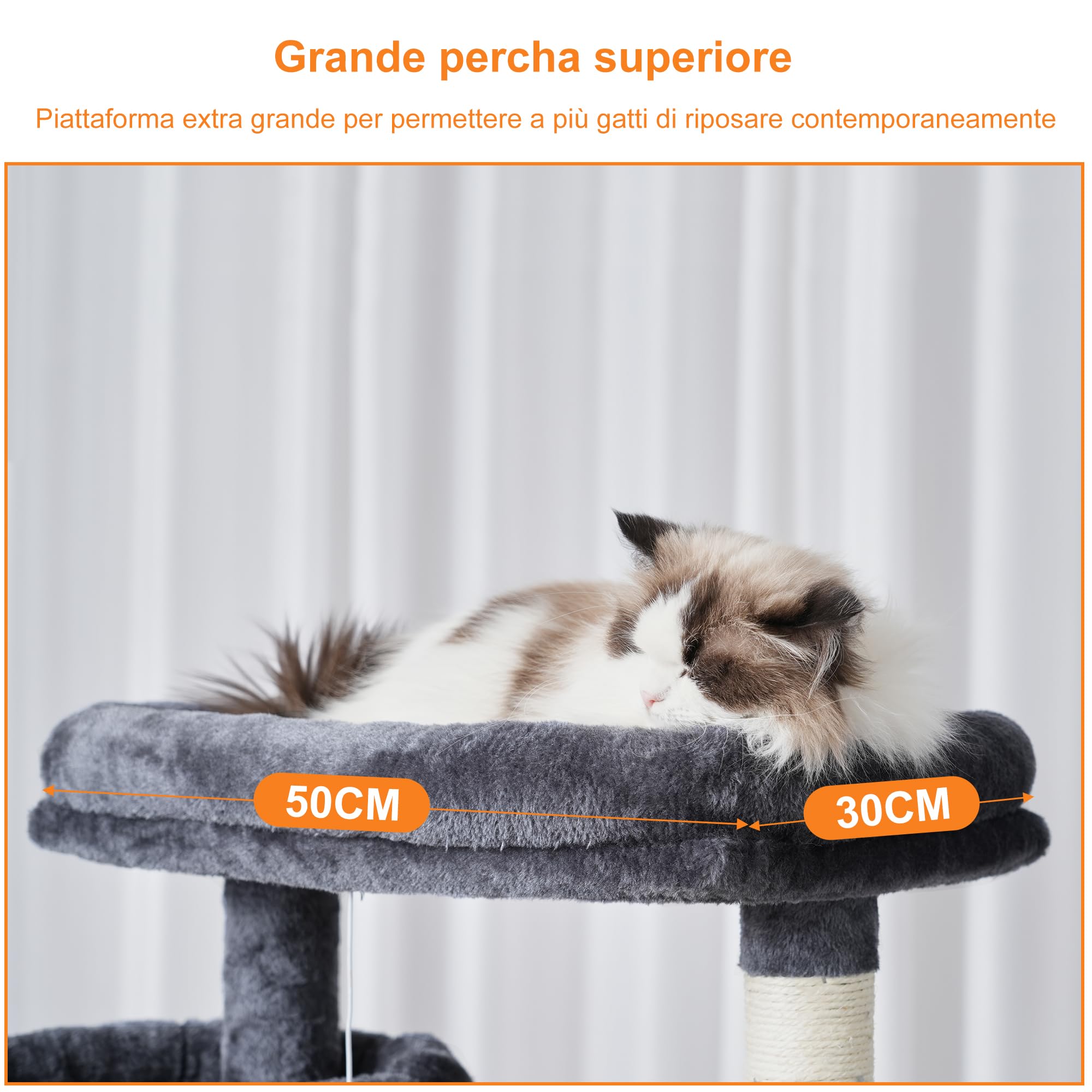 Heybly Albero Per Gatti, Torre 180 cm, 2 Piattaforme, 2 Capanne, 2 Amache, Pannello Per Sgualabocche. Grande Mobile Per Gatti Con Spazio Dormire, Grigio Fumo HCT034G