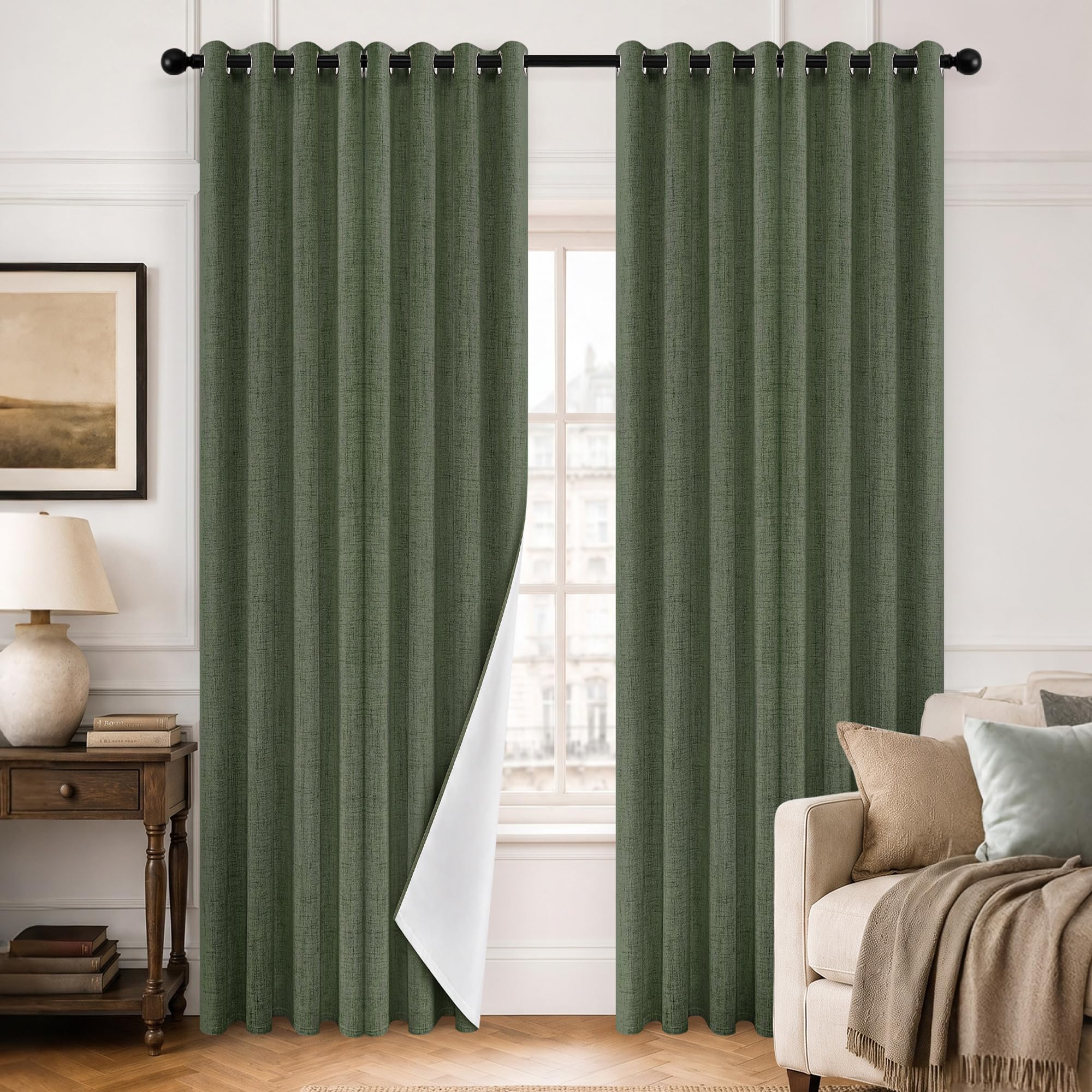 XiDi Green Thermal Curtains 52 x 84 100% Blackout Faux Linen Home Theater Eyelet Drapes with Coating 2 Panels Dark Green52/84