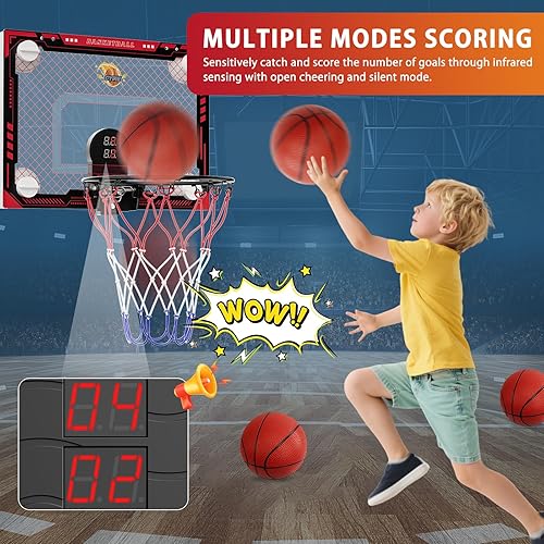 Miniatura 4 de Cyfie Indoor Basketball Hoop, Mini Door Basketball Hoop Door Backboard Rim with Scoreboard and Sounds for Kids Adults, 3 Balls