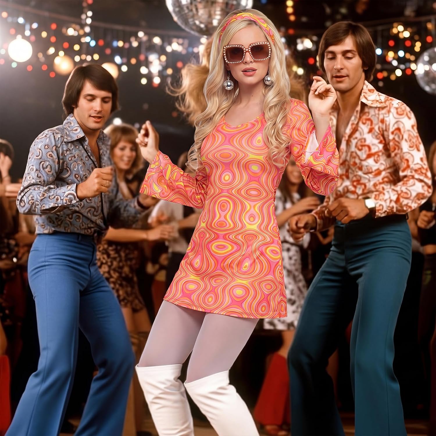 Janmercy 5 Pcs 70s Disco Outfit for Women Hippie Costumes Accessories 70s 80s Halloween Decades Party Cosplay