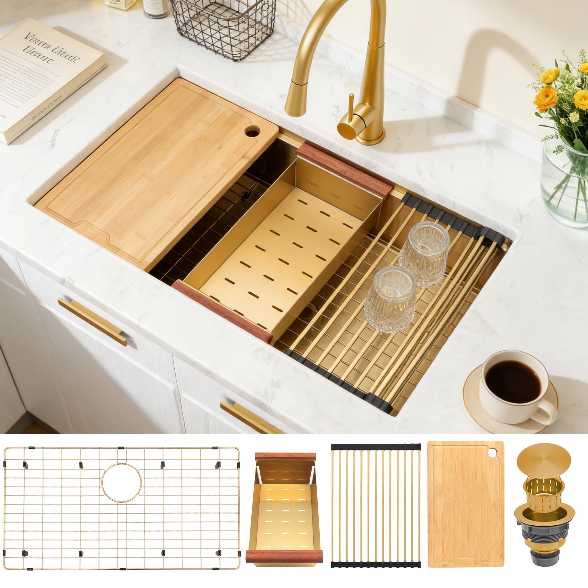 MILOSEN 33 Inch Gold Undermount Kitchen Sink,33" x 19" Gold Stainless Steel Sinks, Single Bowl Workstation Sink with Custom Accessories, Handmade Under Counter Design, 9'' Large and Deep Kitchen Sinks