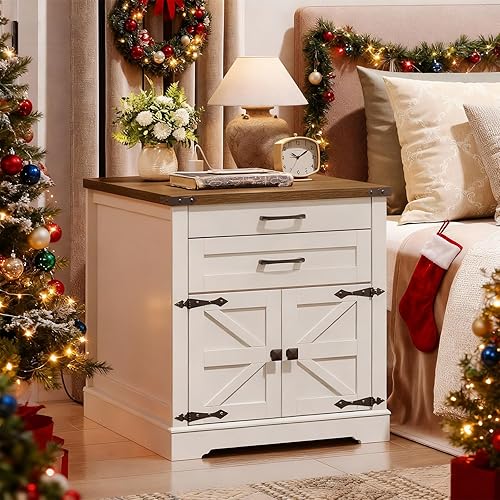 Miniatura 3 de Mesa auxiliar de granja con estación de carga, mesa auxiliar de sofá de 24 pulgadas con 2 cajones y puerta de granero, mesita de noche cuadrada de