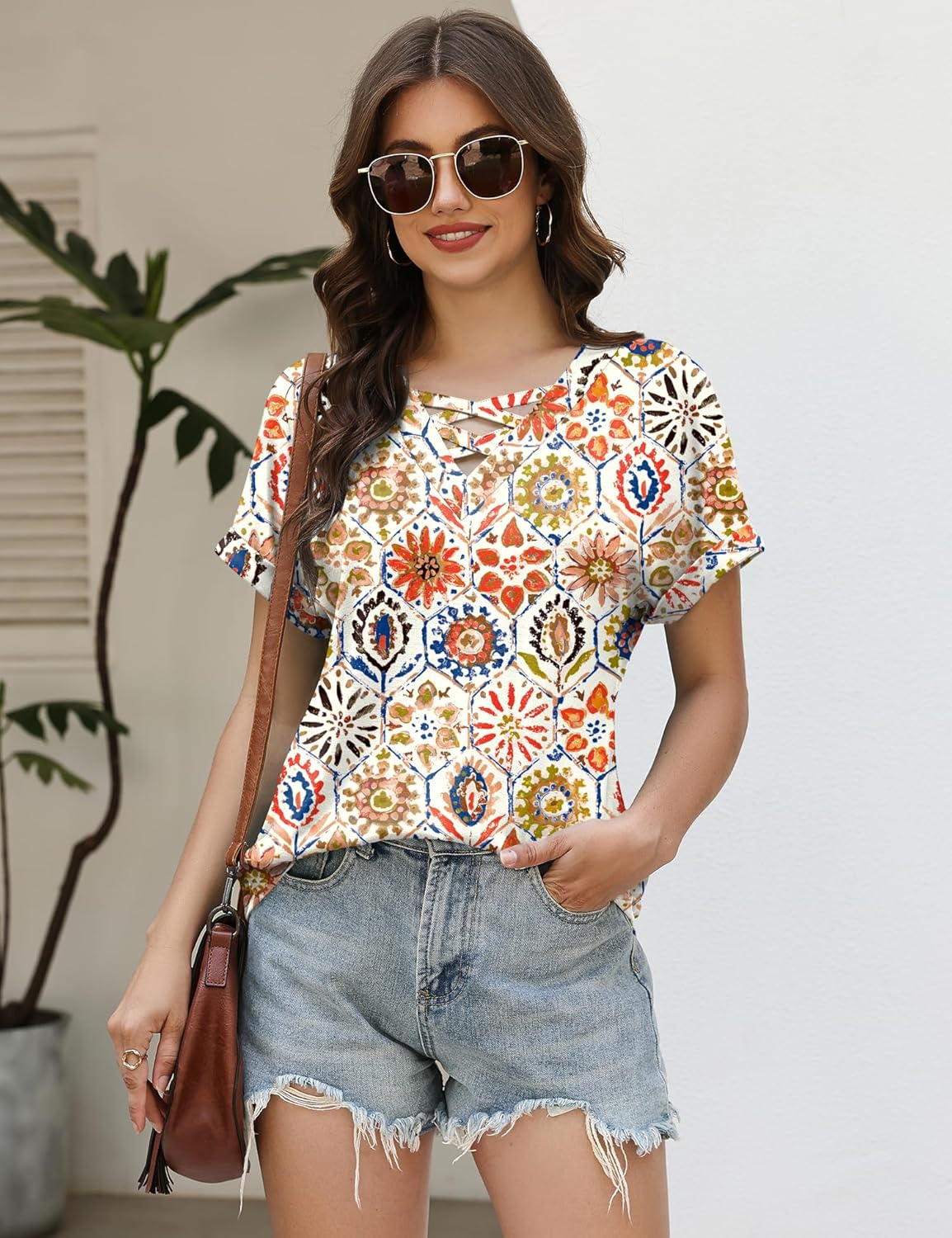 Rapbin Short Sleeve Shirts for Women Spring Tops for Women 2026 V Neck Criss Cross Tees Womens Summer Tops - Image 6