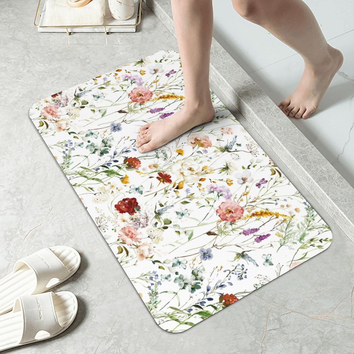 Bathroom Rugs-Watercolor Flowers Pattern, Non Slip Quick Dry Machine Washable Comfortable Bath Mat for Bathroom Floor Tub and Shower