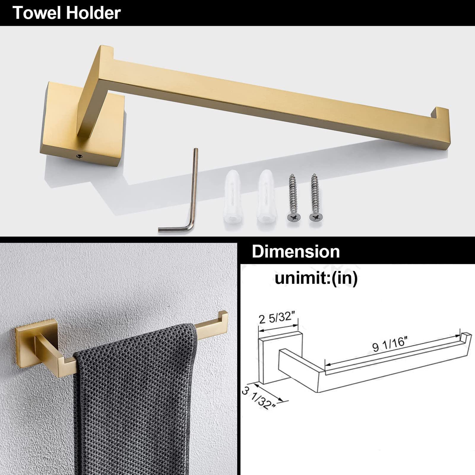 Conjunto Toalleros de Baño, Toallero Acero Inoxidable Toallero Pared Oro Cepillado Conjunto Accesorios Baño Soporte Toallas Baño Antióxido Toallero Ducha, Fácil de Instalar