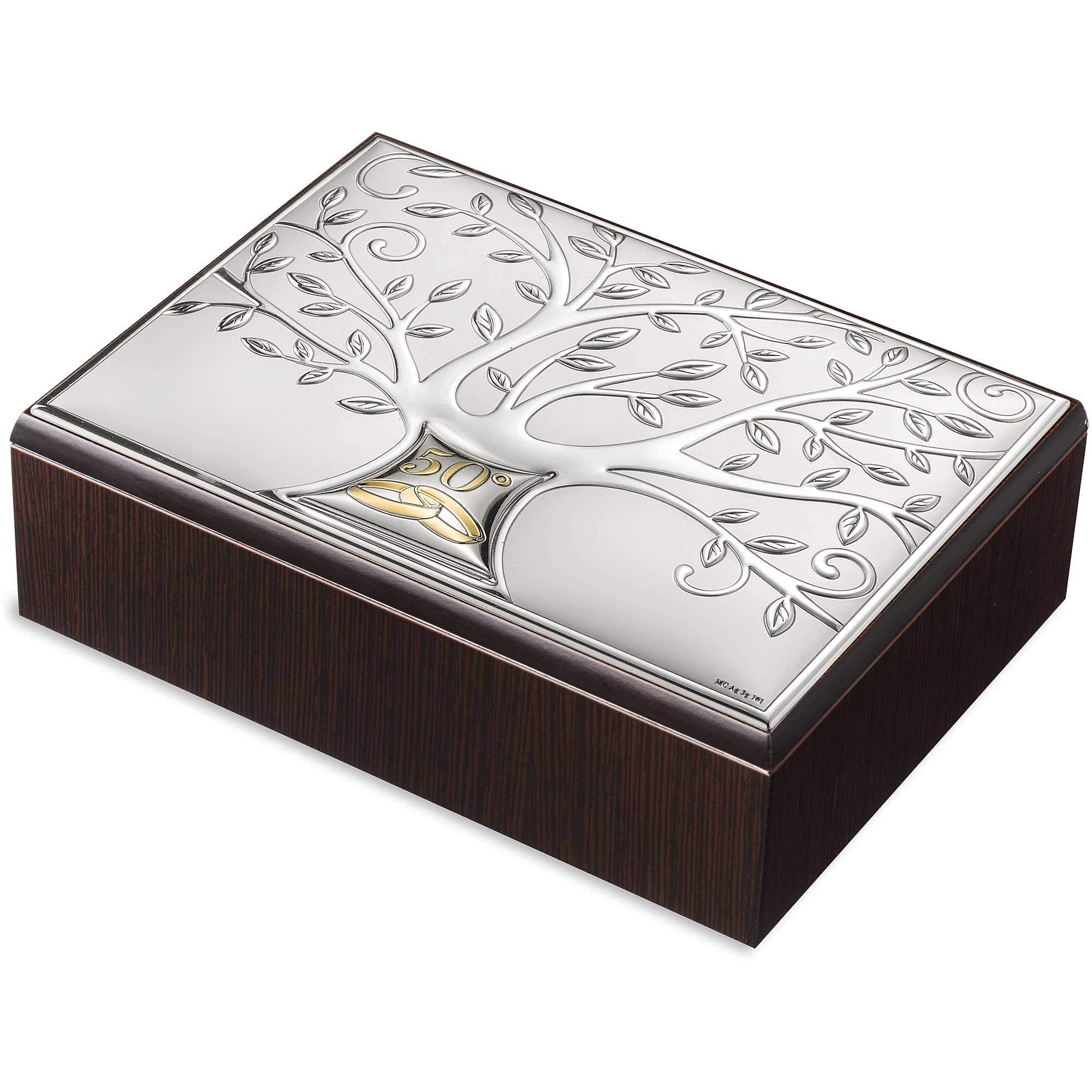 Cofanetto portagioie di valenti. Cofanetto in argento bilaminato e legno con alberto della vita per 50° anniversario. Le dimensioni sono 13x18 cm. La referenza è 6133 2