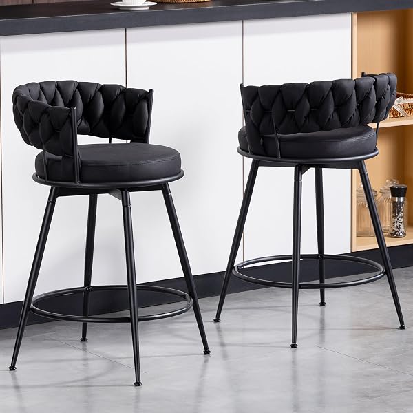 LONXIU Bar Stools Set of 4, 28 inch Counter Height Bar Stools Modern Barstools with Woven Back and Velvet Fabric, Metal