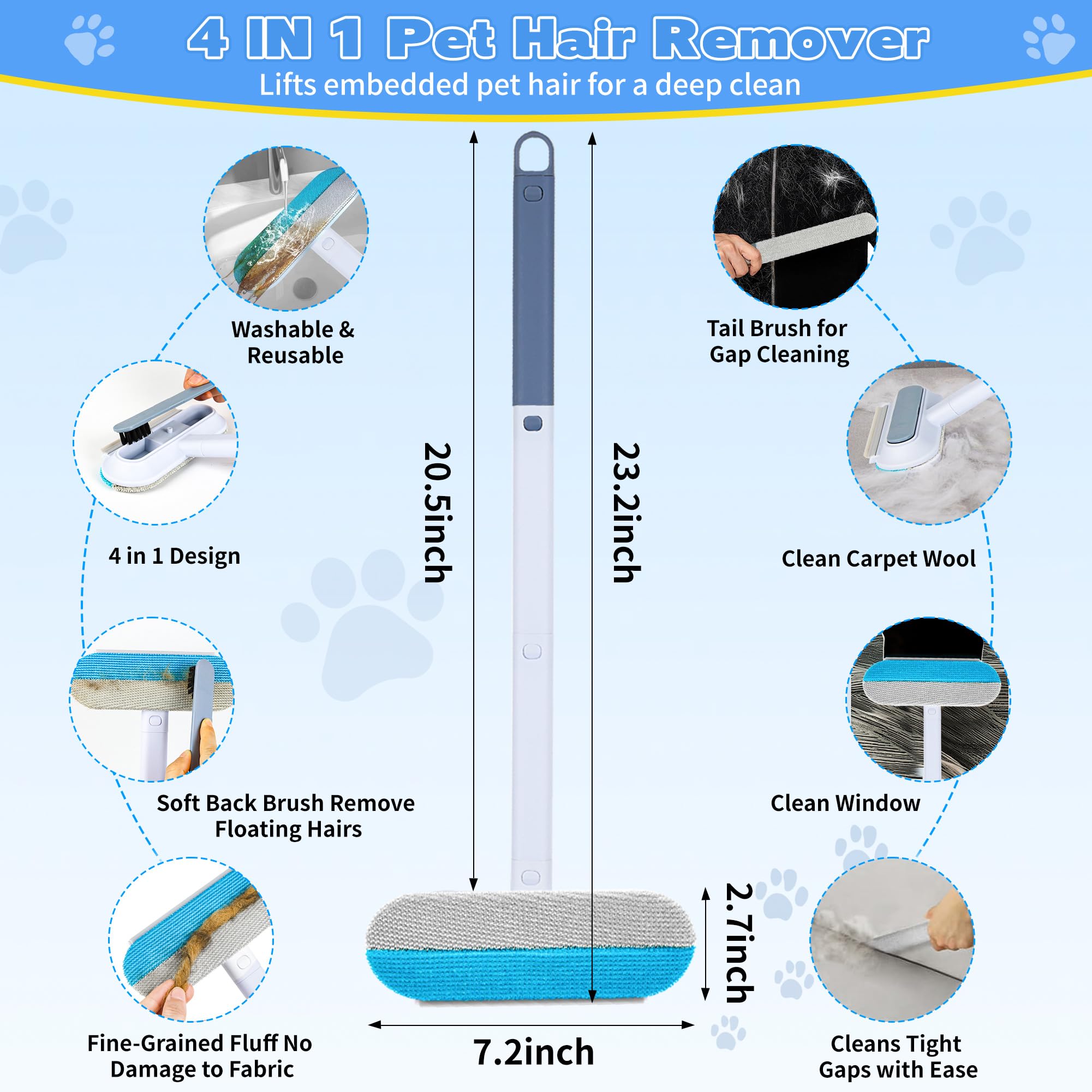 Pet Hair Remover for Furniture – 23.2Inch Reusable Dog & Cat Hair Removal Brush, Washable Lint Cleaner with Long Handle, 4-in-1 Pet Hair Remover for Couch, Carpet, Clothes & Bedding - image 6