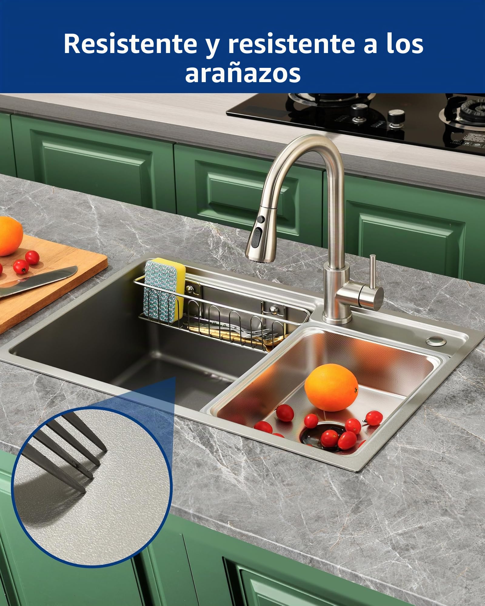 Fregadero de Cocina de Acero Inoxidable 68x46 cm, 1 Cubeta con Sifón, Desbordamiento y Accesorios de Vaciado, Fregadero Moderno Multifuncional para Encimeras > 80 cm (Plateado)