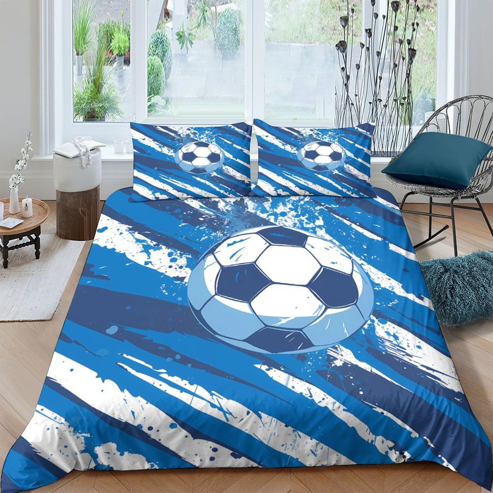 Ctjqhvkz Style-1 3D Printed Blue Soccer Fitted Sheet Microfiber Non Slip Football Bed Cover For Bedroom Guest Room Dorm Protection Decor Single（135X200cm）