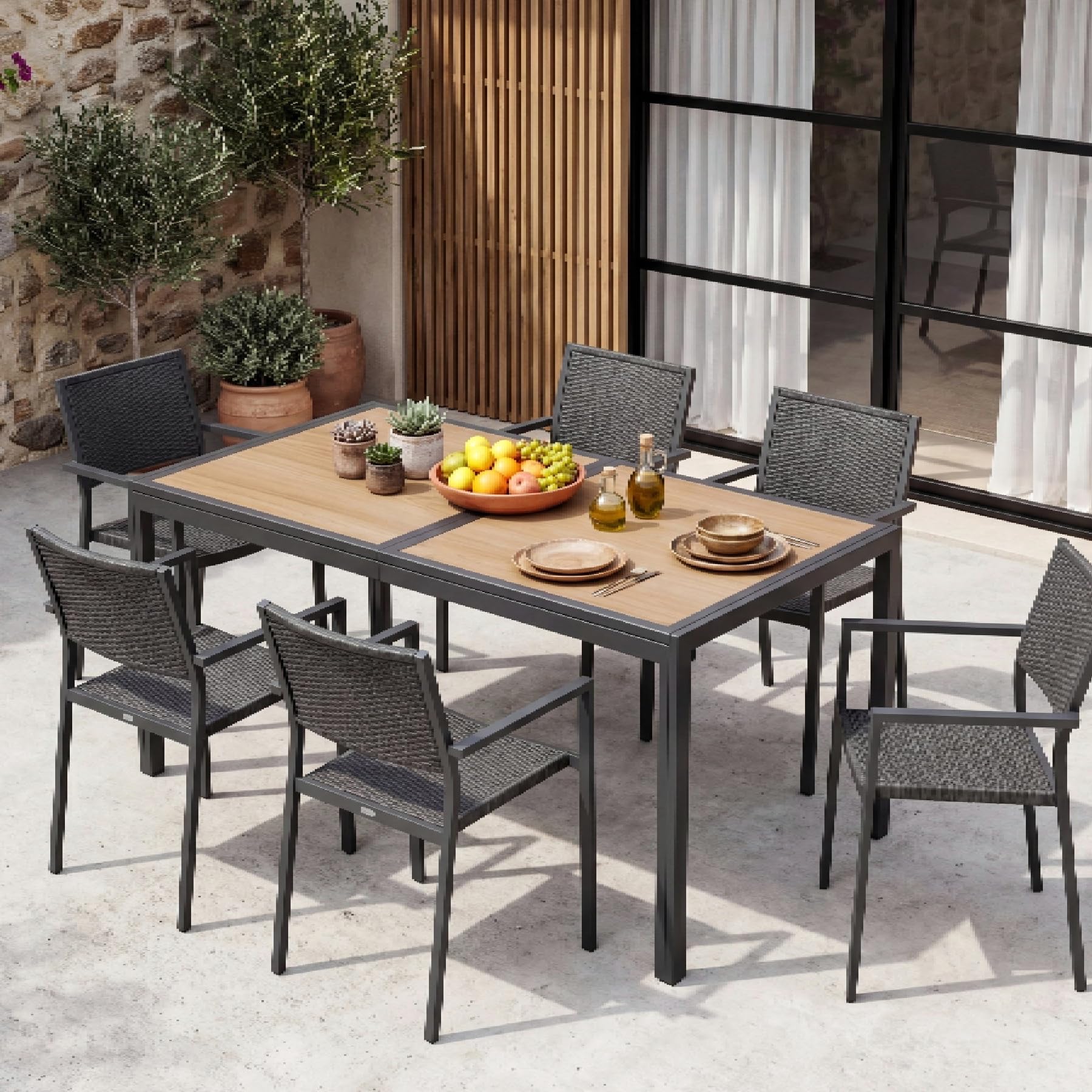 LIFERUN Gartentisch Groß, 150×80×72 cm DPC Balkontisch, Rechteckiger Terrassentisch mit Metallgestell, Rutschfester Esstisch Outdoor für 6 Personen, Anthrazit