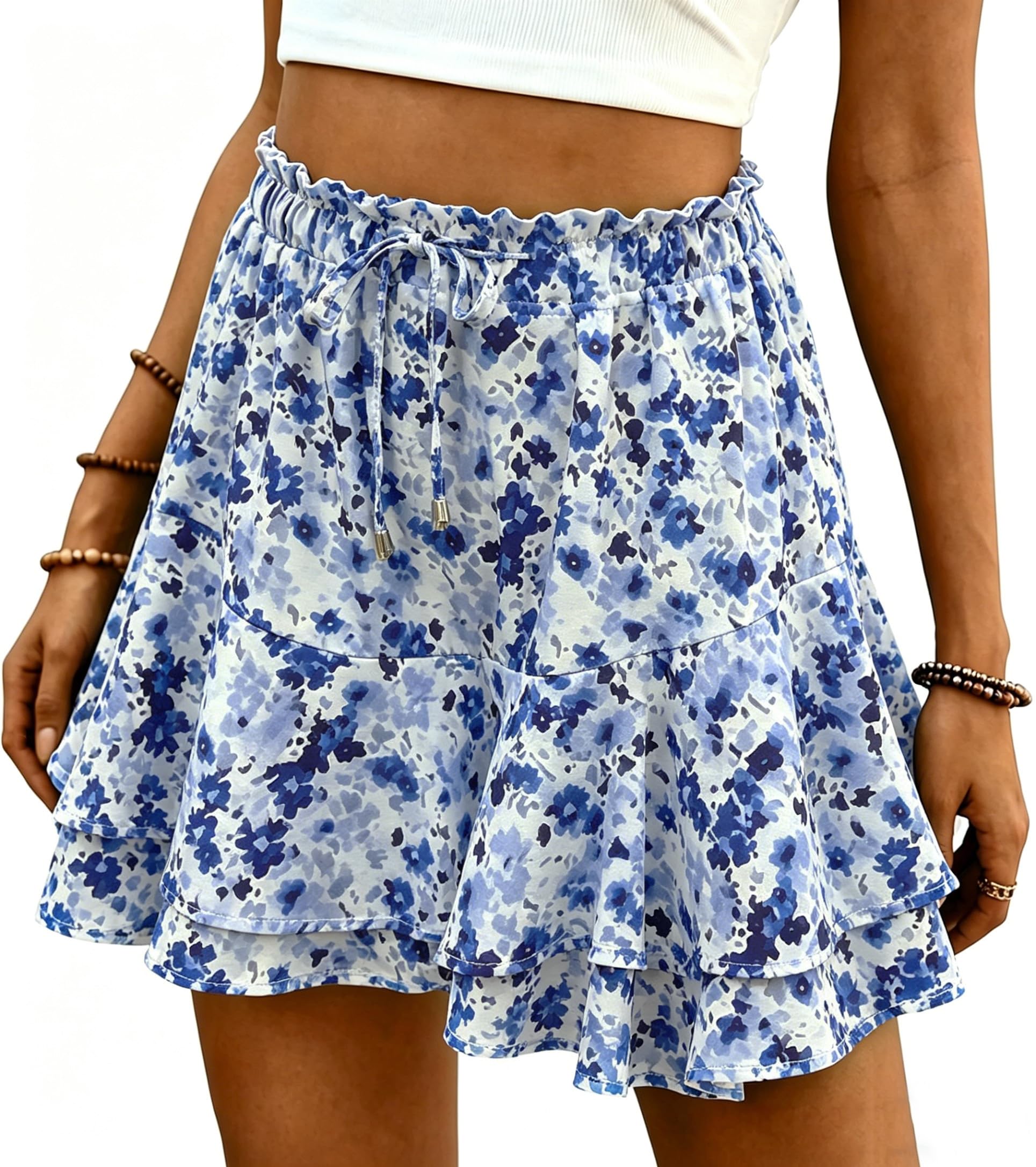 Short D'étéà Volants Taille Haute pour Femme Short de Plage Fluide et Léger Jupe Courte Décontractée à Taille Élastique et Cordon de Serrage